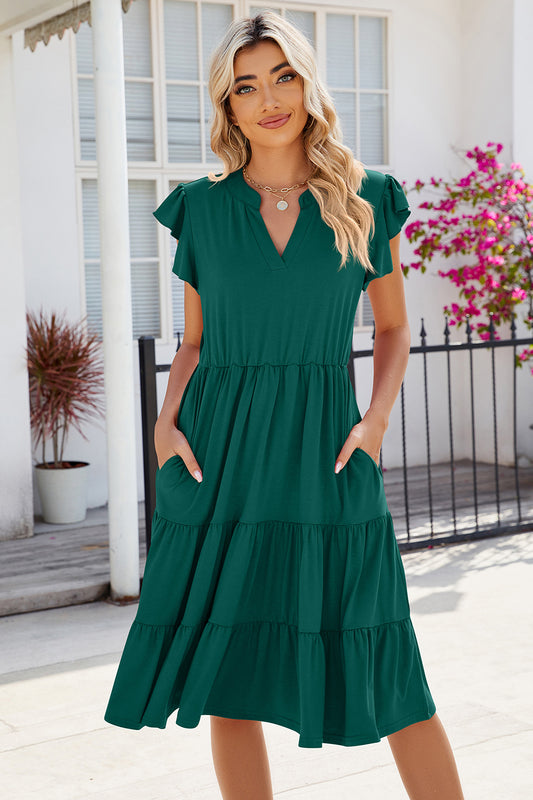 Ruched Notched Cap Sleeve Dress-TOPS / DRESSES-[Adult]-[Female]-Green-S-2022 Online Blue Zone Planet