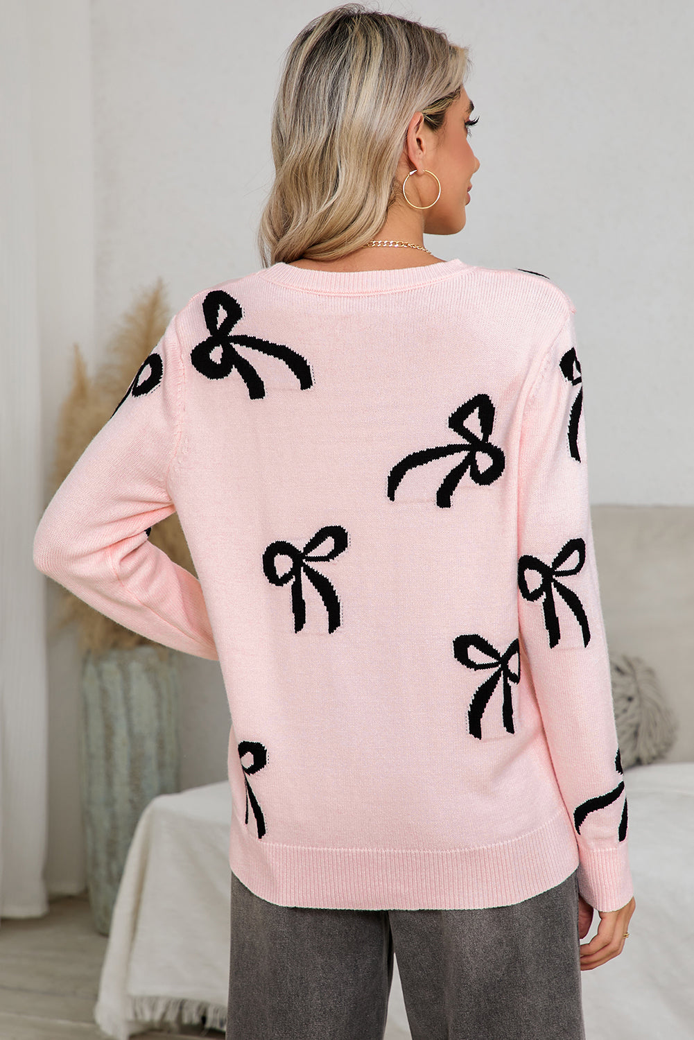 Blue Zone Planet | Light Pink Bow Print Long Sleeve Loose Fit Sweater-Sweaters-[Adult]-[Female]-2022 Online Blue Zone Planet