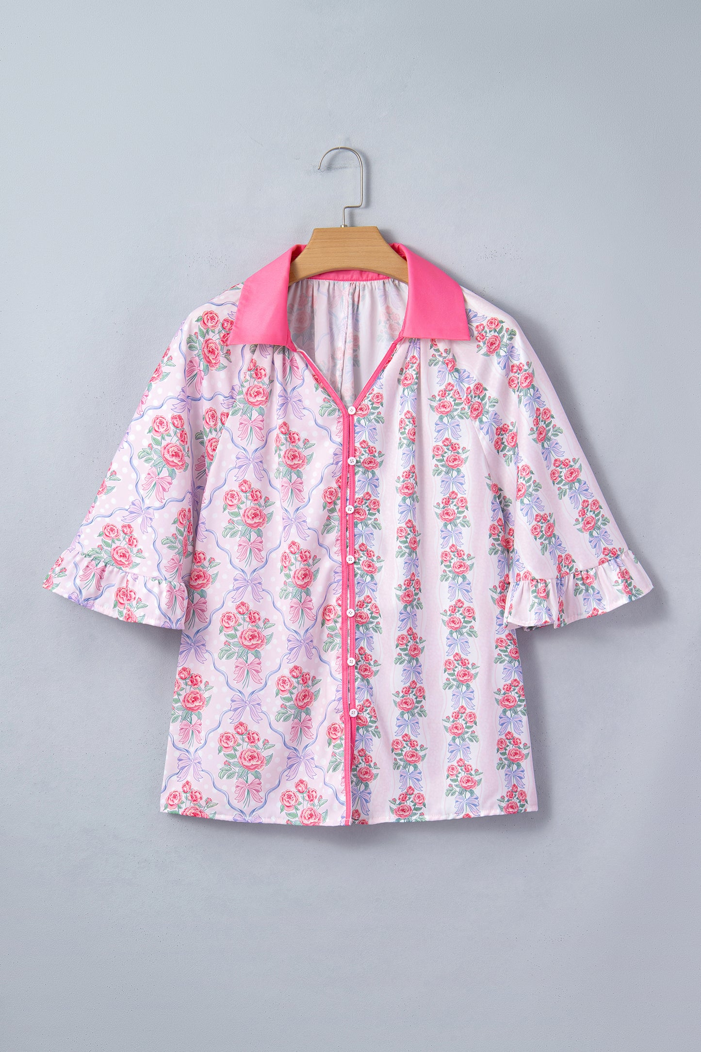 Purple Floral Collared Ruffled Half Sleeve Shirt-Tops/Blouses & Shirts-[Adult]-[Female]-2022 Online Blue Zone Planet
