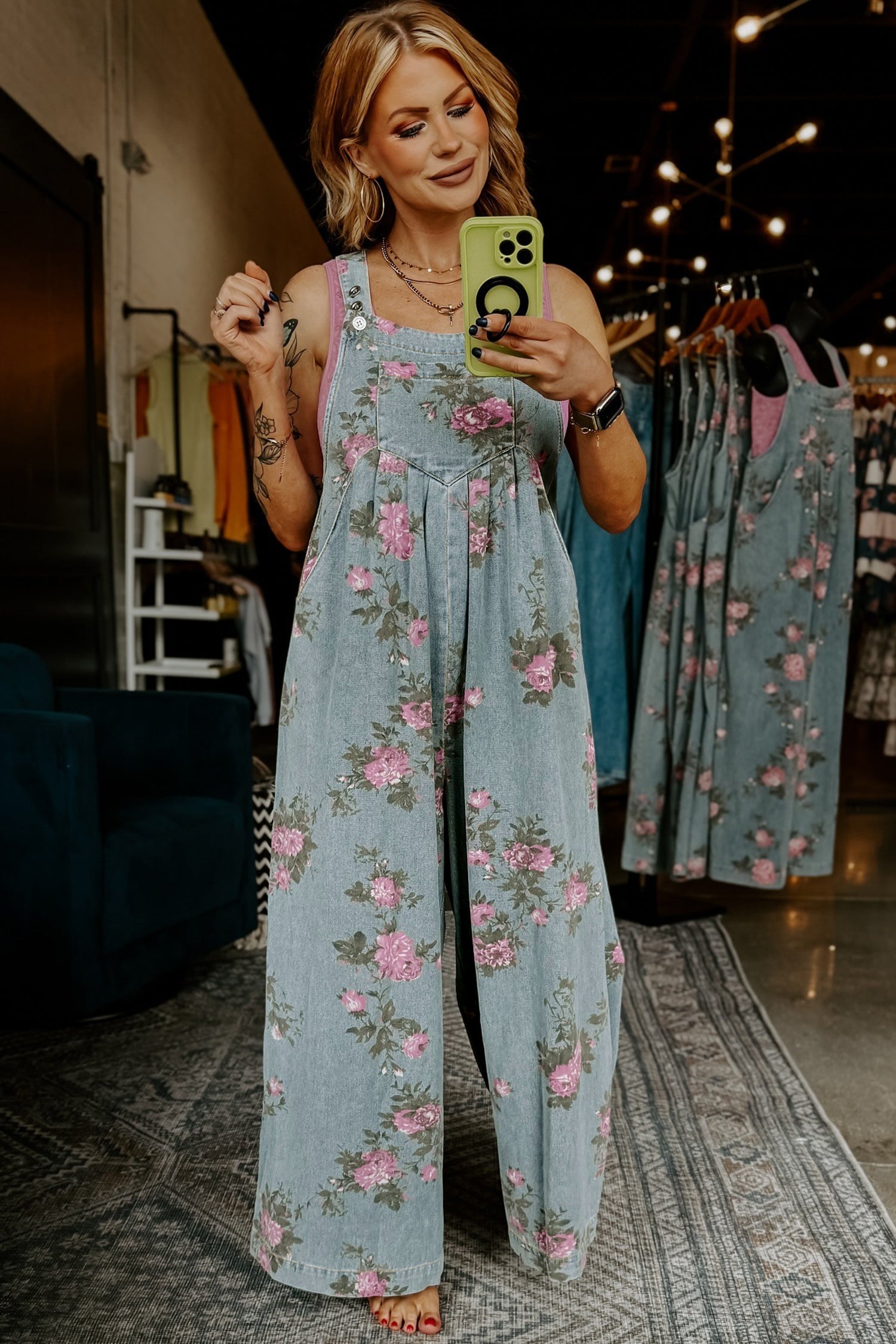 Beau Blue Floral Print Pleated High Waist Wide Leg Denim Jumpsuit-Jumpsuits & Rompers-[Adult]-[Female]-2022 Online Blue Zone Planet