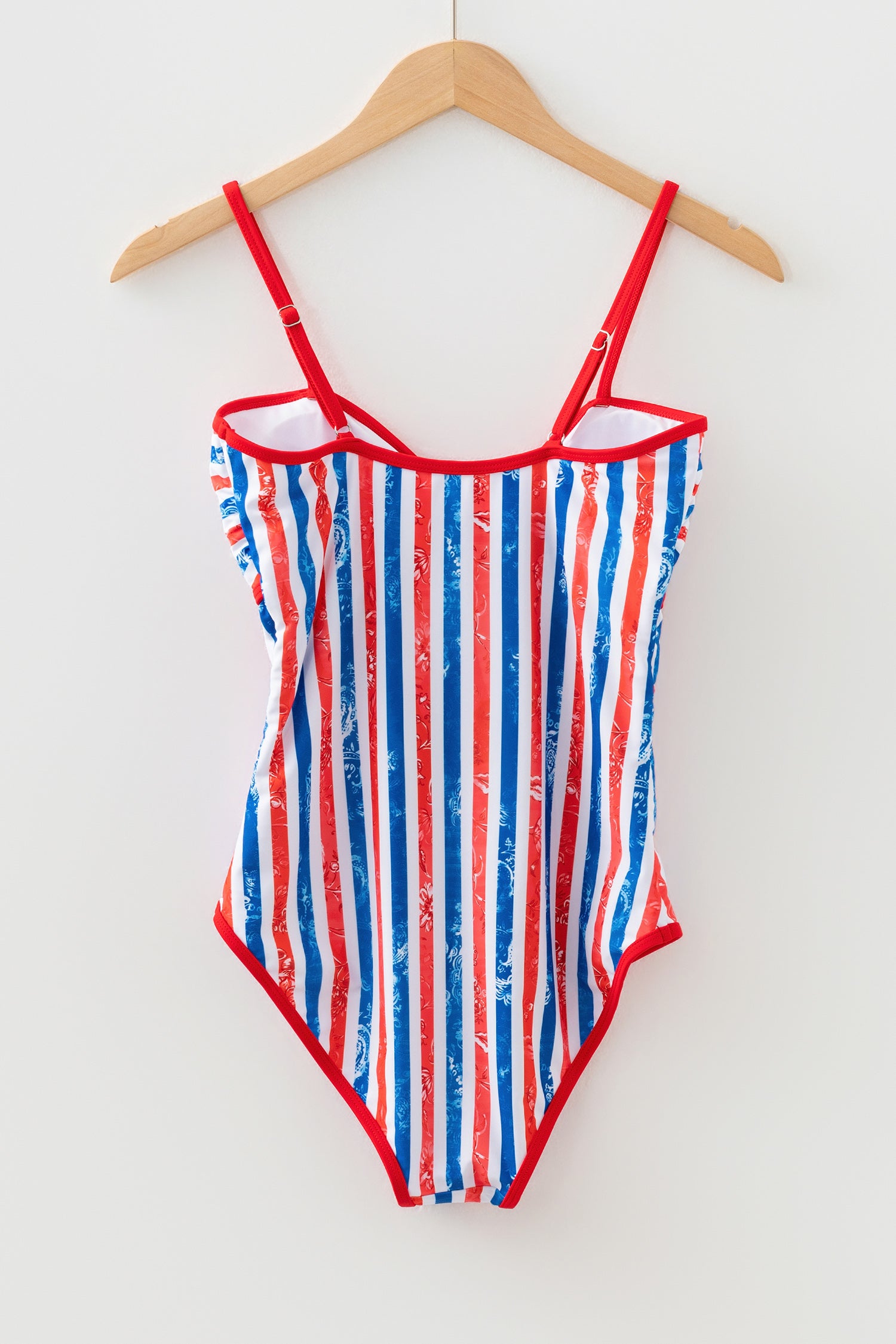 Red July 4th Stripes Star Floral Impression Cutout Spaghetti Straps One Piece Swimsuit-Swimwear/One Piece Swimsuit-[Adult]-[Female]-2022 Online Blue Zone Planet