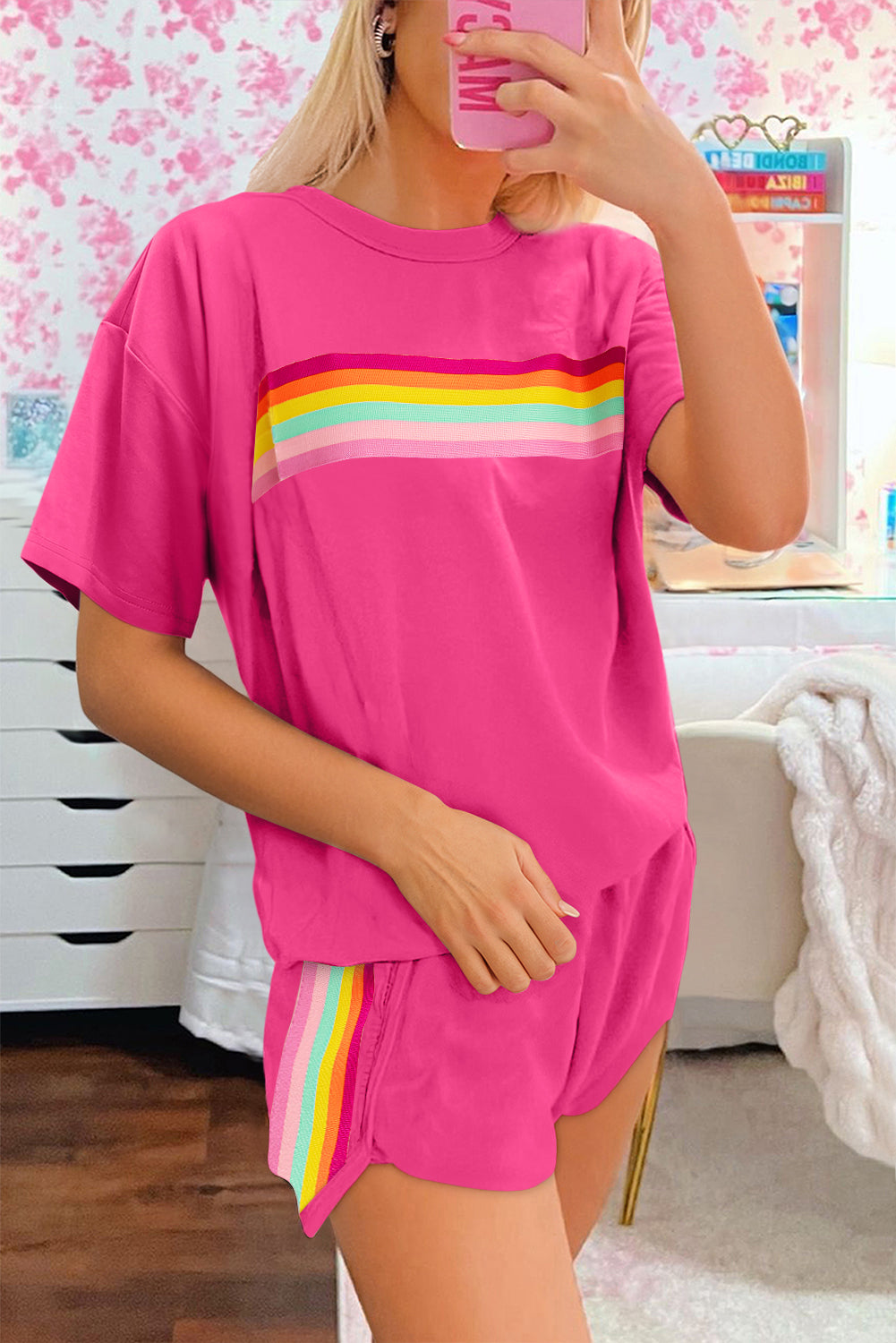 Rose Red Vibrant Striped Detail Athleisure 2pcs Short Set-Two Piece Sets/Short Sets-[Adult]-[Female]-Rose Red-S-2022 Online Blue Zone Planet