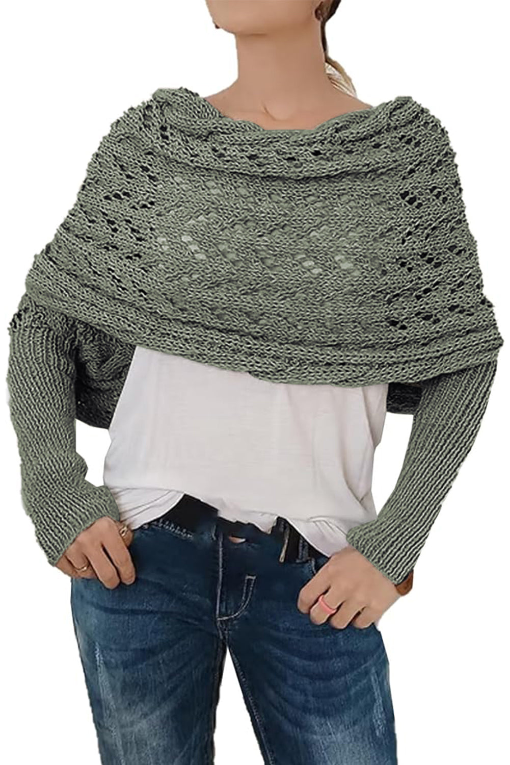 Gray Cross Detail Hollowed Knit Scarf with Sleeves-Accessories/Scarves-[Adult]-[Female]-2022 Online Blue Zone Planet