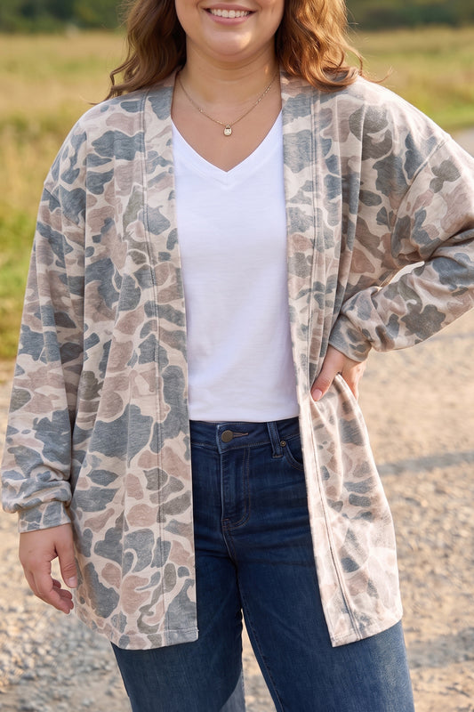 Multicolour Retro Camouflage Print Plus Size Open Tunic Cardigan-Plus Size/Plus Size Outerwear-[Adult]-[Female]-Multicolour-1X-2022 Online Blue Zone Planet