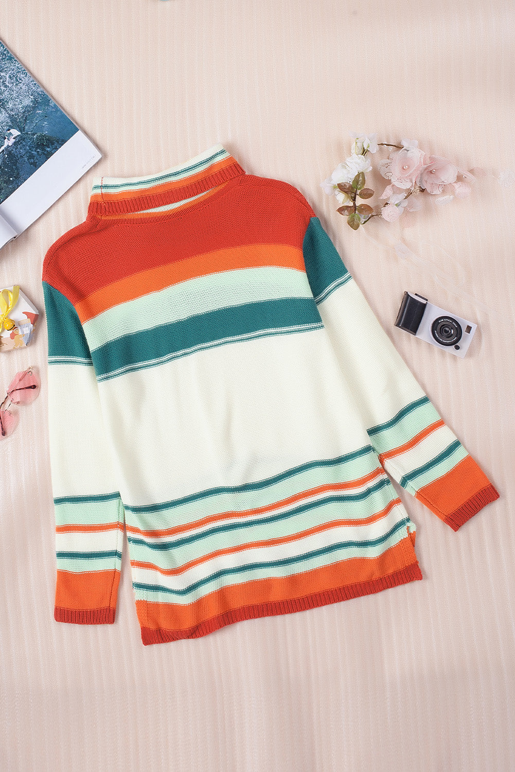 Contrast Striped Turtleneck Dropped Shoulder Sweater-TOPS / DRESSES-[Adult]-[Female]-2022 Online Blue Zone Planet