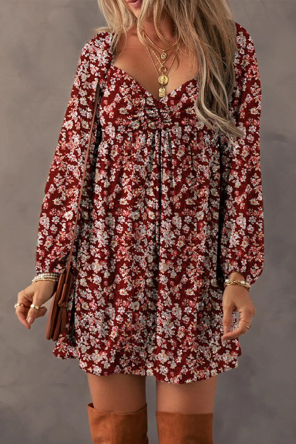 Blue Zone Planet | Ruched Printed Long Sleeve Mini Dress-TOPS / DRESSES-[Adult]-[Female]-Burgundy-S-2022 Online Blue Zone Planet