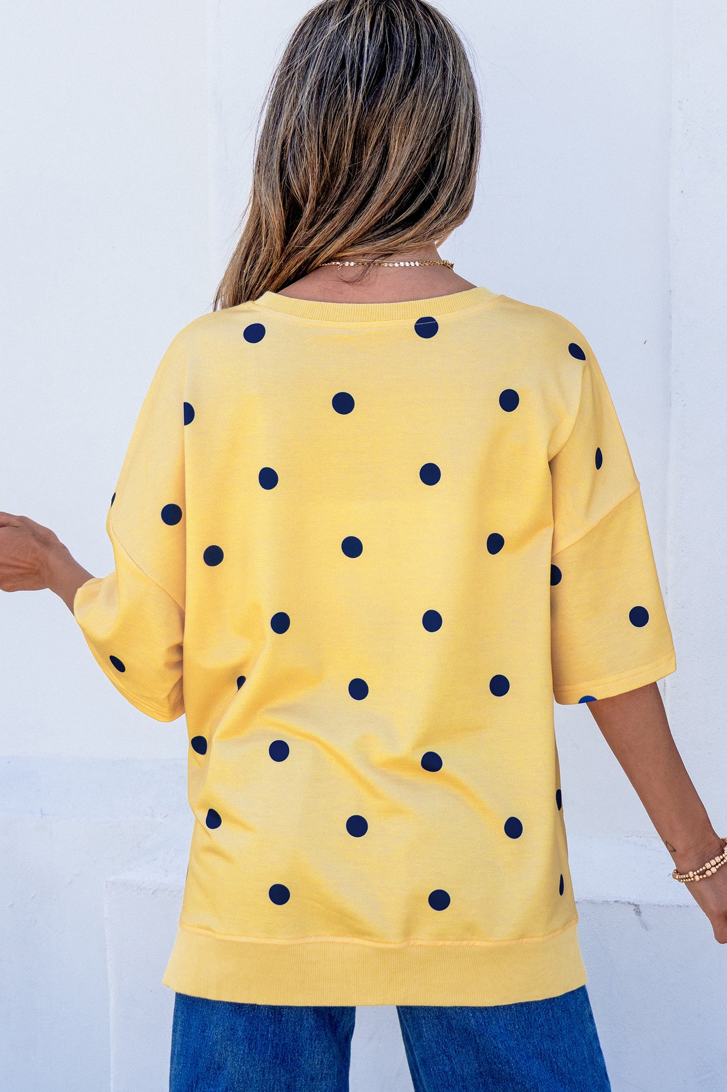 Yellow Polka Dot Print Crossed Seam Detail Oversize Tee-Tops/Tops & Tees-[Adult]-[Female]-2022 Online Blue Zone Planet