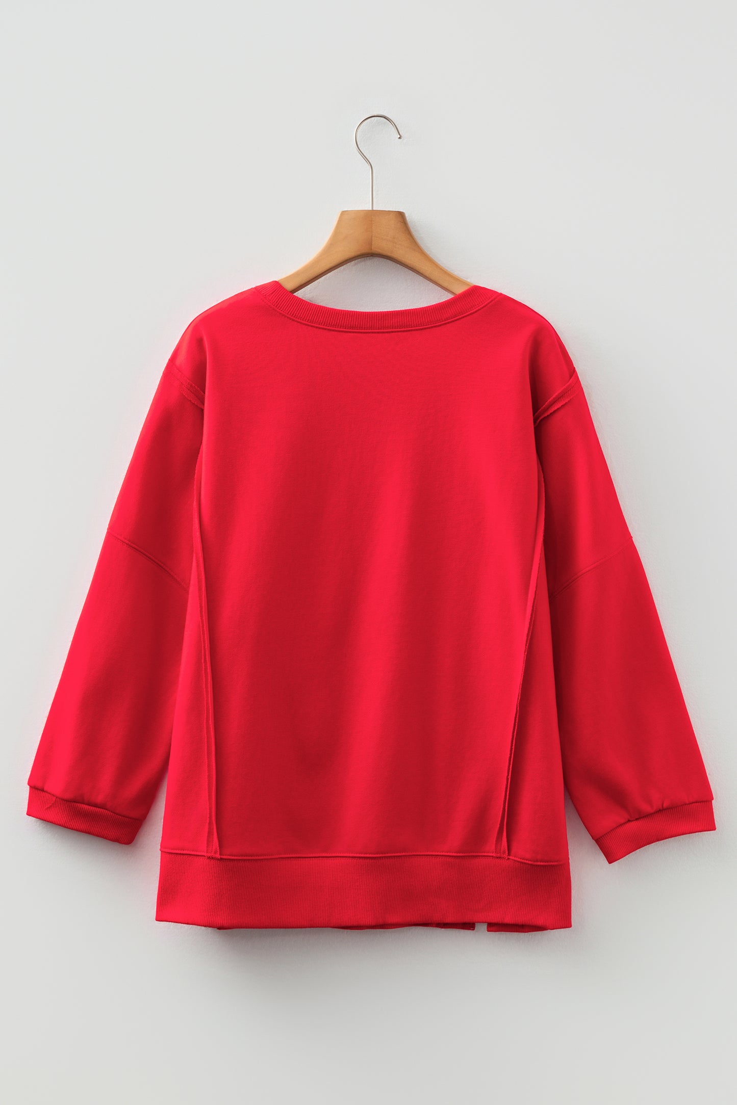 Fiery Red Floral Bow Patched Exposed Seam Patchwork Slit Baggy Sweatshirt-Tops/Sweatshirts & Hoodies-[Adult]-[Female]-2022 Online Blue Zone Planet