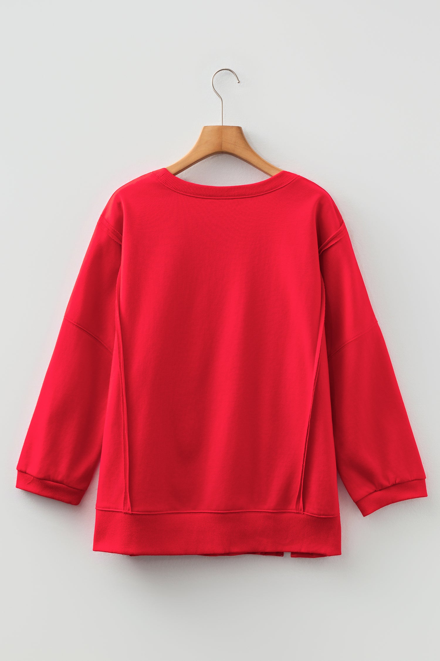 Fiery Red Floral Bow Patched Exposed Seam Patchwork Slit Baggy Sweatshirt-Tops/Sweatshirts & Hoodies-[Adult]-[Female]-2022 Online Blue Zone Planet