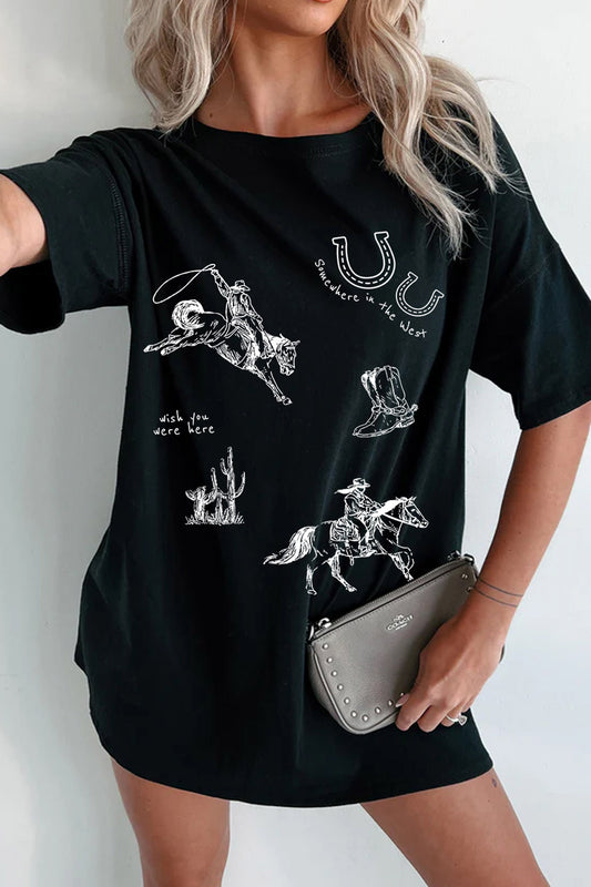 Black Western Cowboy Print Oversized Tunic Tee-Graphic/Graphic Tees-[Adult]-[Female]-Black-S-2022 Online Blue Zone Planet