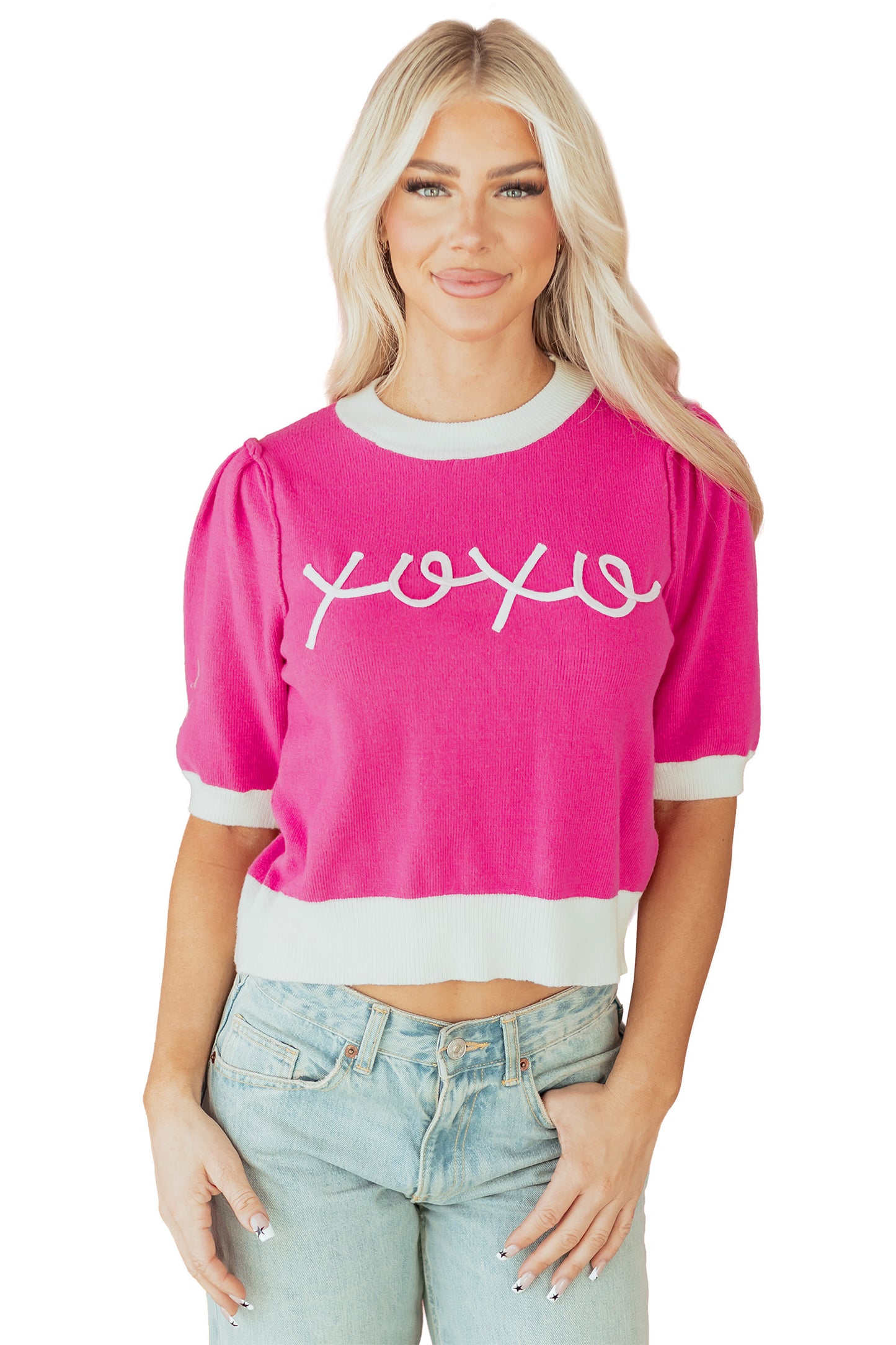 Bright Pink XOXO Embroidered Graphic Valentines Contrast Trim Crew Neck Short Puff Sleeve Sweater Tee-TOPS / DRESSES-[Adult]-[Female]-2022 Online Blue Zone Planet