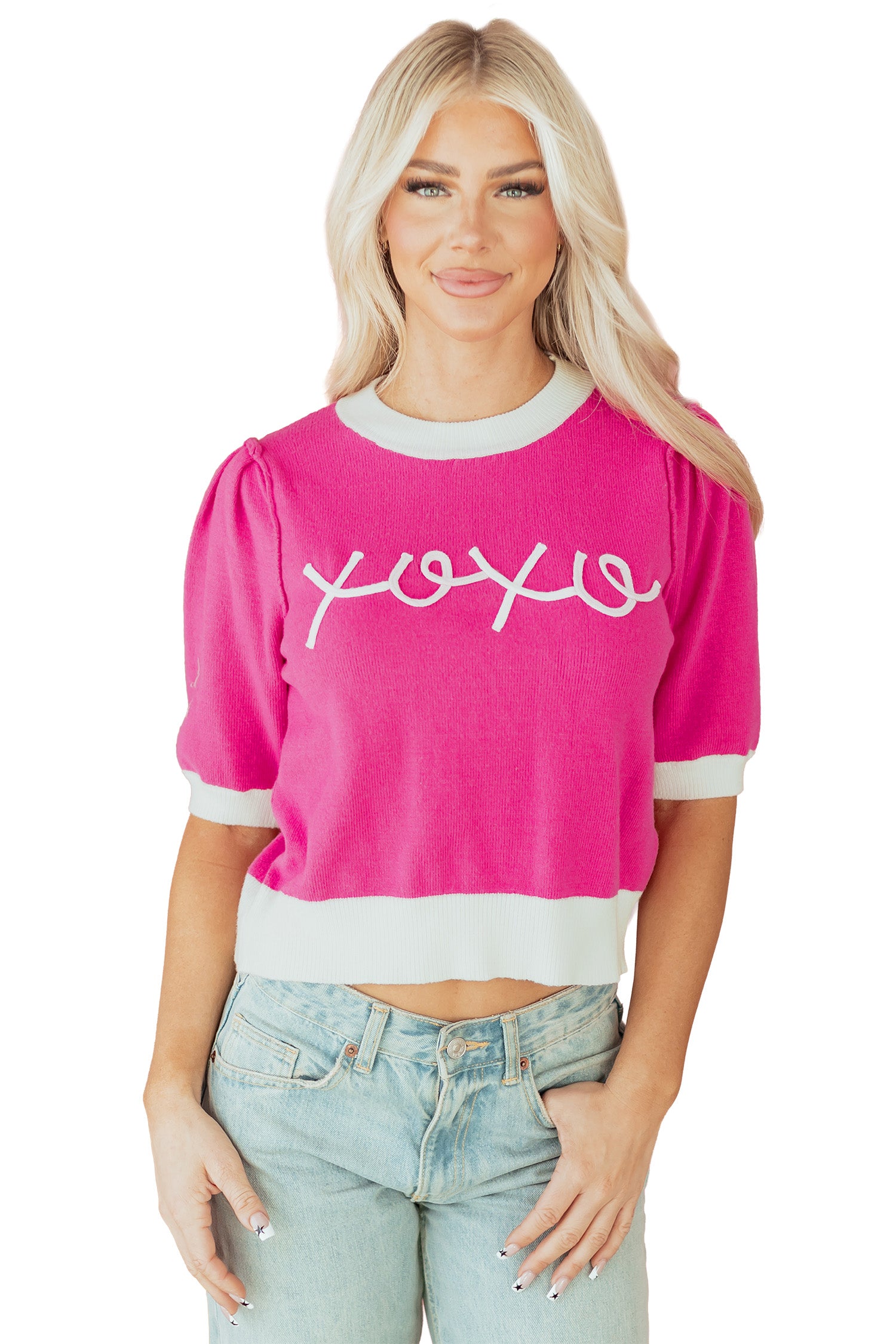 Bright Pink XOXO Embroidered Graphic Valentines Contrast Trim Crew Neck Short Puff Sleeve Sweater Tee-TOPS / DRESSES-[Adult]-[Female]-2022 Online Blue Zone Planet