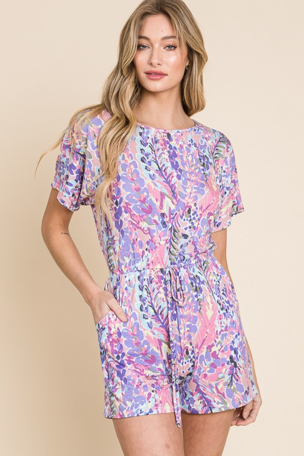 Blue Zone Planet | BOMBOM Print Short Sleeve Romper with Pockets-TOPS / DRESSES-[Adult]-[Female]-Plum-S-2022 Online Blue Zone Planet