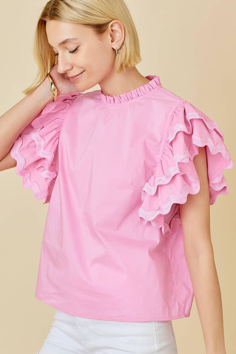 Bonbon Ricrac Ruffled Sleeve Frilled Collar Blouse-Tops/Blouses & Shirts-[Adult]-[Female]-2022 Online Blue Zone Planet