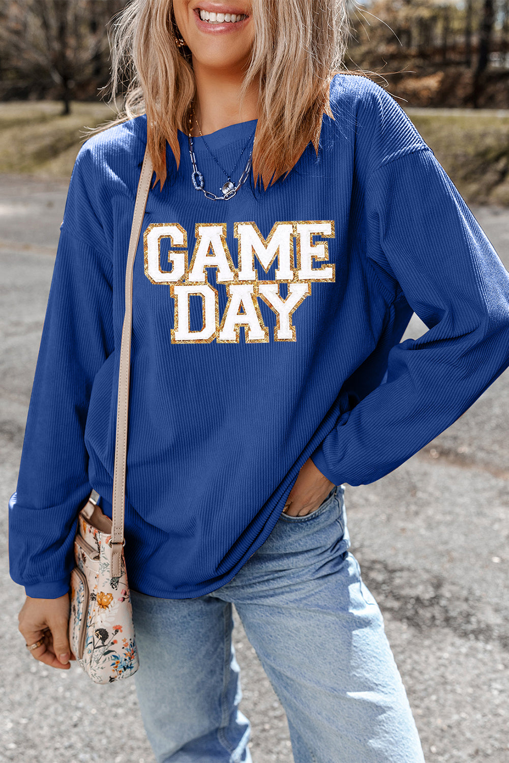 Dark Blue GAME DAY Glitter Detail Ribbed Drop Shoulder Sweatshirt-Graphic/Graphic Sweatshirts-[Adult]-[Female]-2022 Online Blue Zone Planet