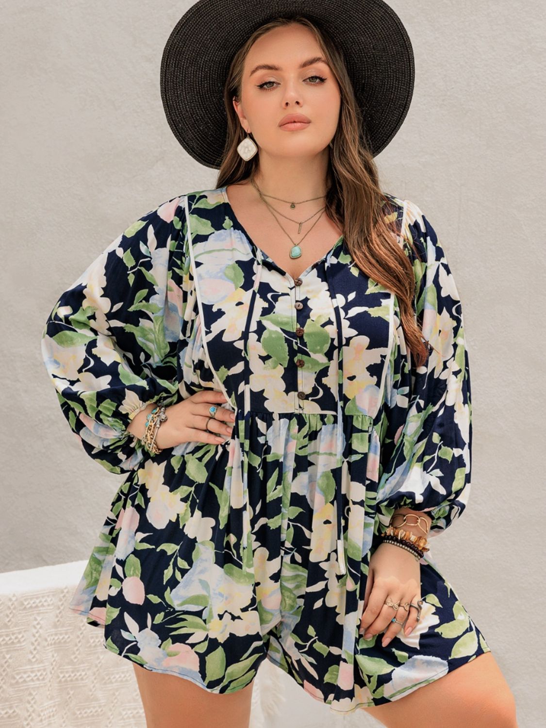 Blue Zone Planet | Plus Size Tied Printed Long Sleeve Romper-TOPS / DRESSES-[Adult]-[Female]-2022 Online Blue Zone Planet