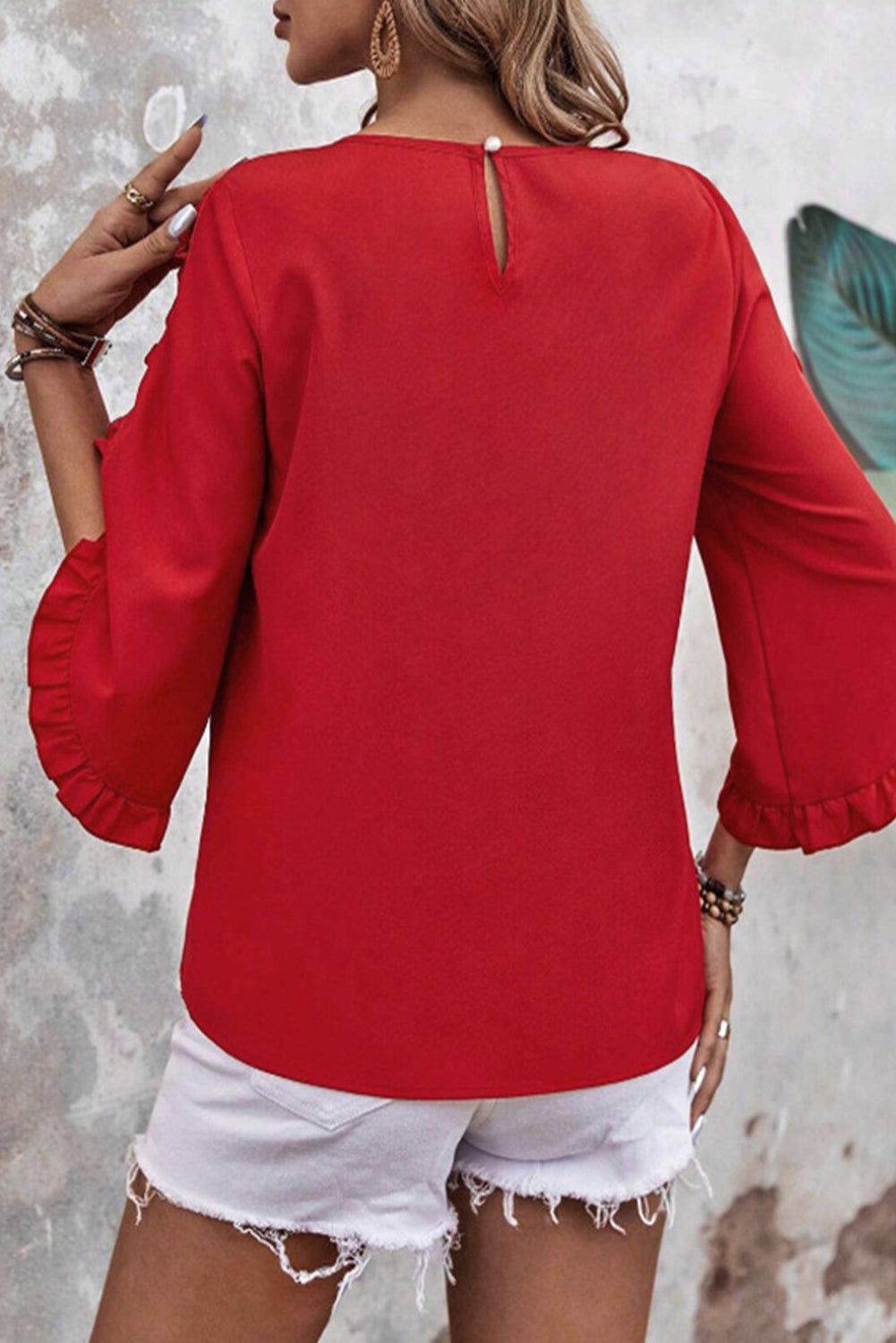 Black Ruffle Trimmed 3/4 Sleeve Round Neck Blouse-Tops/Blouses & Shirts-[Adult]-[Female]-2022 Online Blue Zone Planet