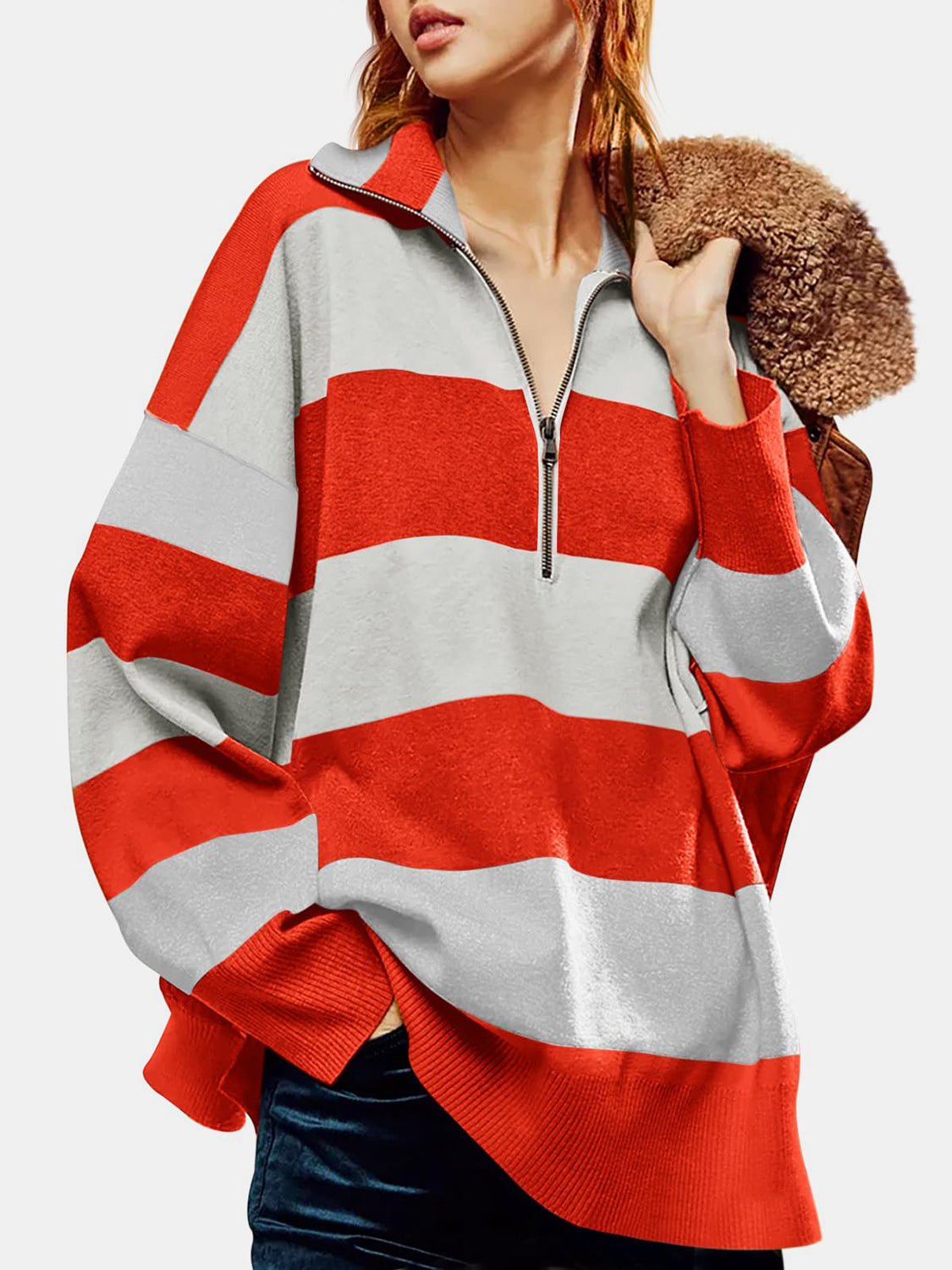 Color Block Half Zip Long Sleeve Sweater-TOPS / DRESSES-[Adult]-[Female]-2022 Online Blue Zone Planet