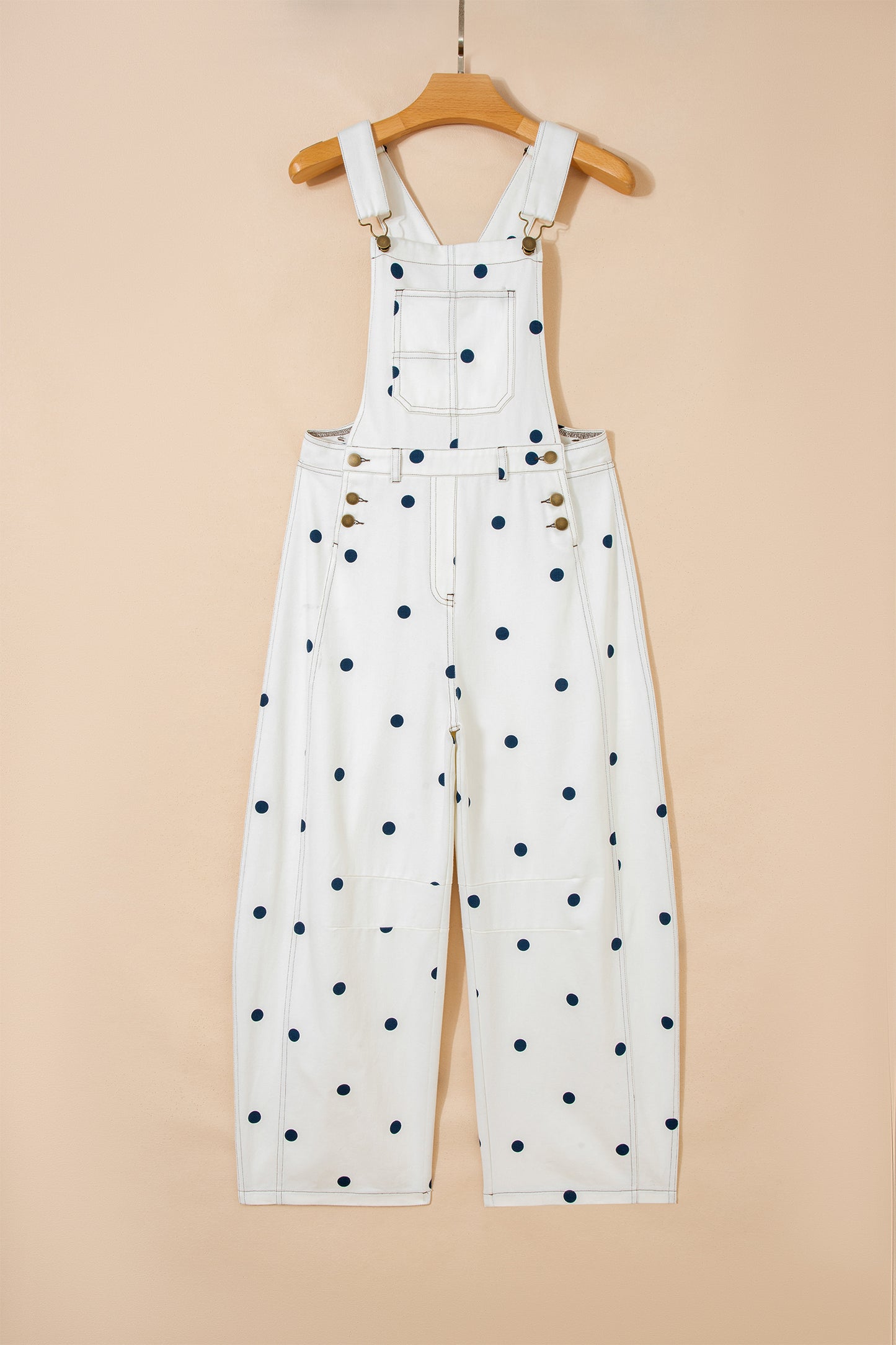 Jet Stream Polka Dot Print Bib Pocket Denim Barrel Overalls Jumpsuit-Bottoms/Jumpsuits & Rompers-[Adult]-[Female]-2022 Online Blue Zone Planet