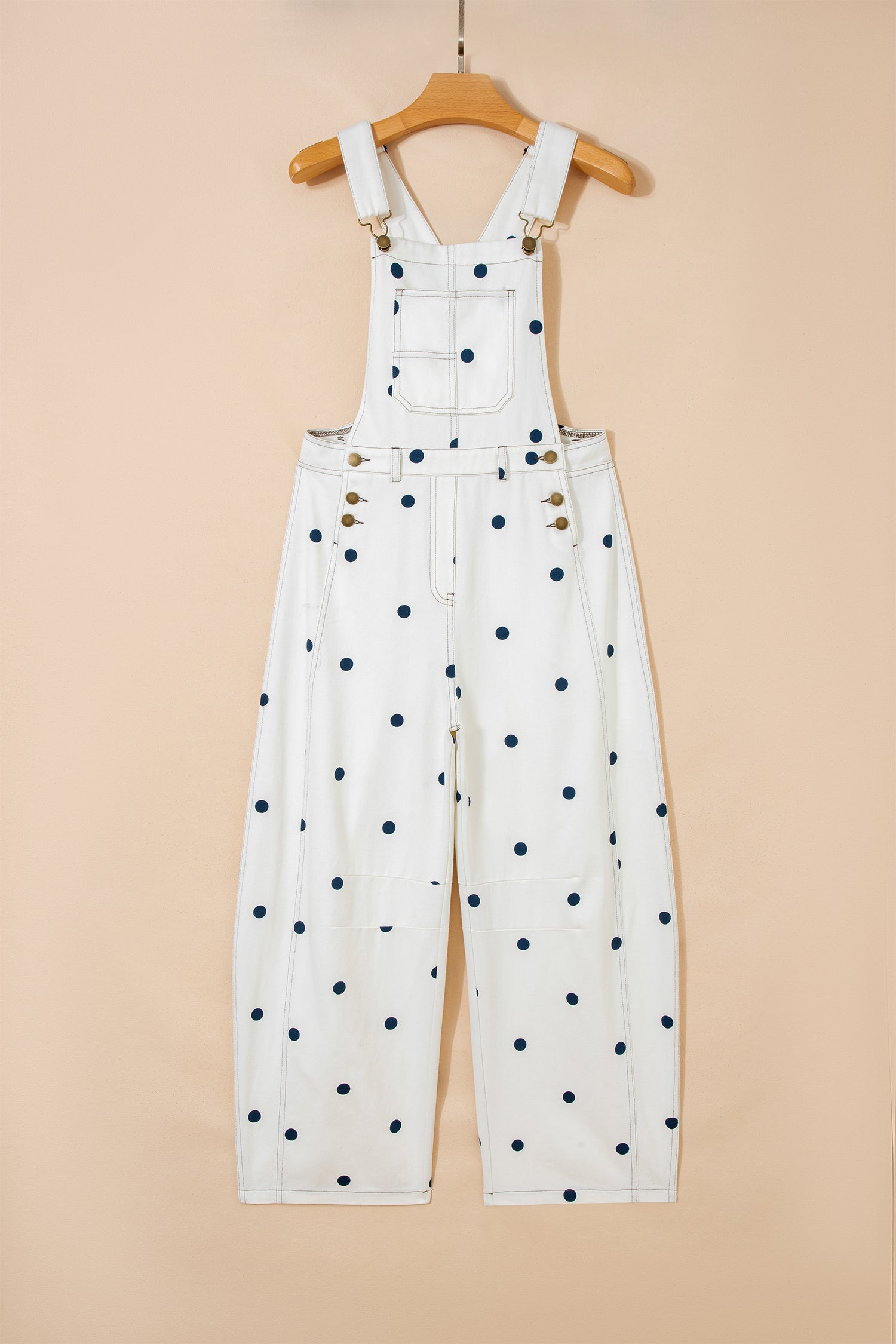 Jet Stream Polka Dot Print Bib Pocket Denim Barrel Overalls Jumpsuit-Bottoms/Jumpsuits & Rompers-[Adult]-[Female]-2022 Online Blue Zone Planet
