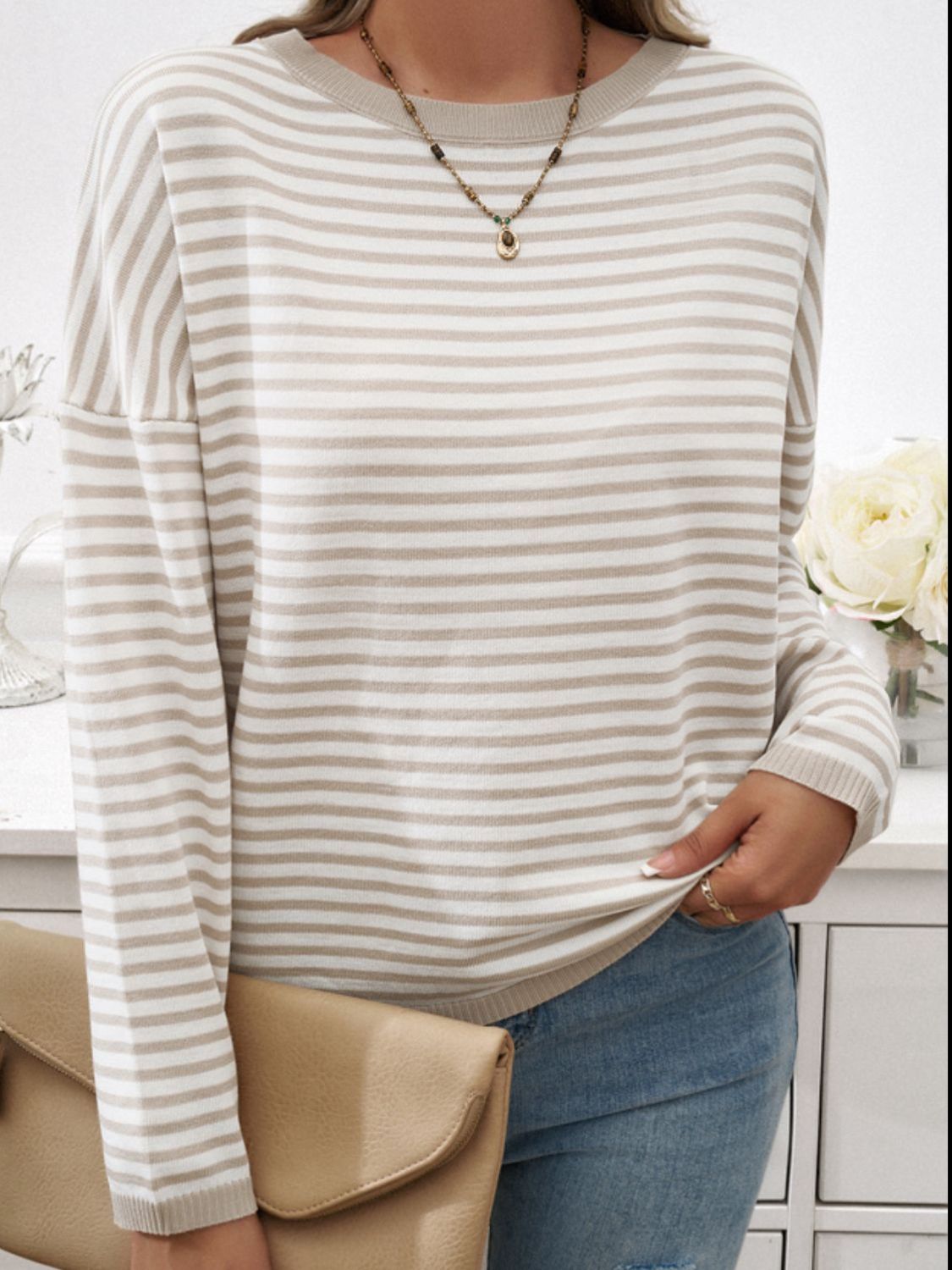 Striped Round Neck Dropped Shoulder Sweater-TOPS / DRESSES-[Adult]-[Female]-2022 Online Blue Zone Planet