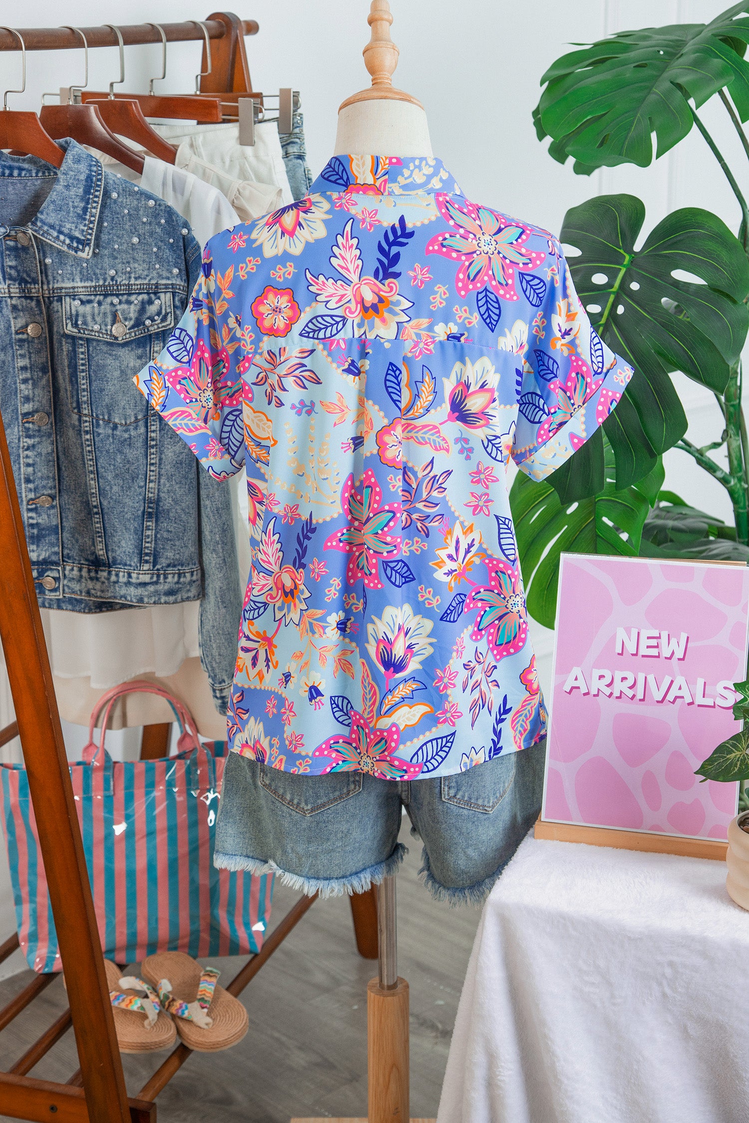 Purple Vacation Floral Print V Neck Short Sleeve Blouse-Tops/Blouses & Shirts-[Adult]-[Female]-2022 Online Blue Zone Planet