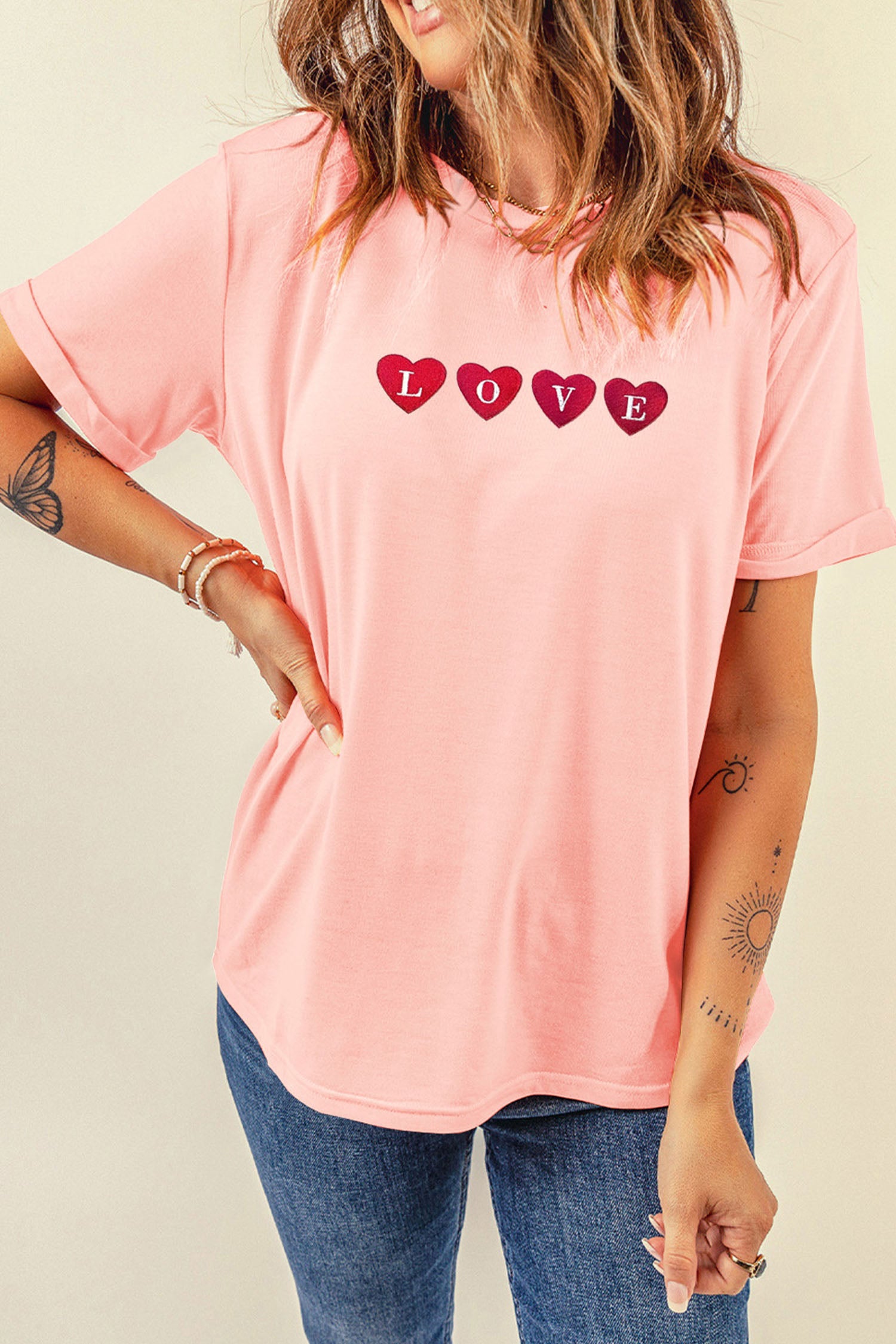Pink Love In Hearts Embroidered Graphic Tee-Graphic Tees-[Adult]-[Female]-2022 Online Blue Zone Planet
