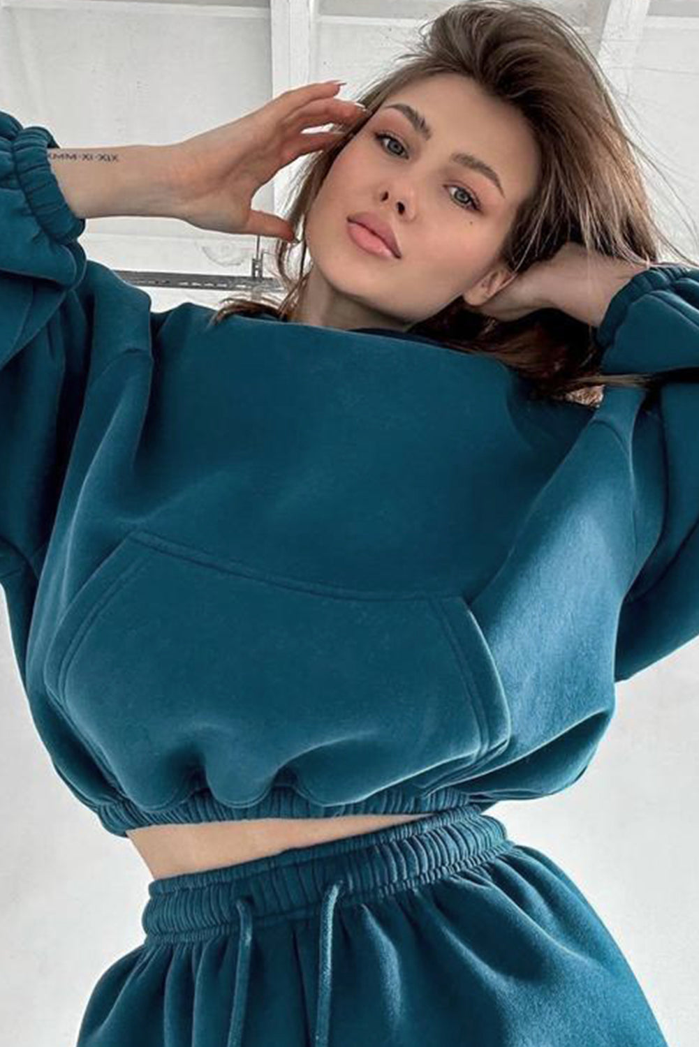 Peacock Blue Cozy Hooded Sweatshirt Drawstring Elastic Waistband Cargo Pant Set-Two Piece Sets/Pant Sets-[Adult]-[Female]-2022 Online Blue Zone Planet