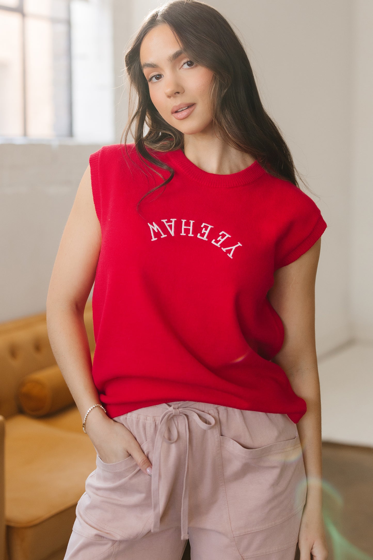 Fiery Red Yeehaw Embroidered Letter Loose Short Sleeve Sweater-TOPS / DRESSES-[Adult]-[Female]-2022 Online Blue Zone Planet