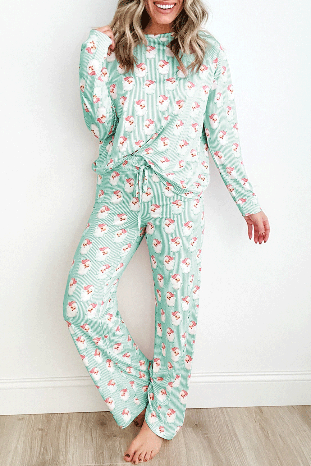 Pink Santa Claus Striped Print Loose Fit Two Piece Loungewear Set-Loungewear Set-[Adult]-[Female]-Green-S-2022 Online Blue Zone Planet