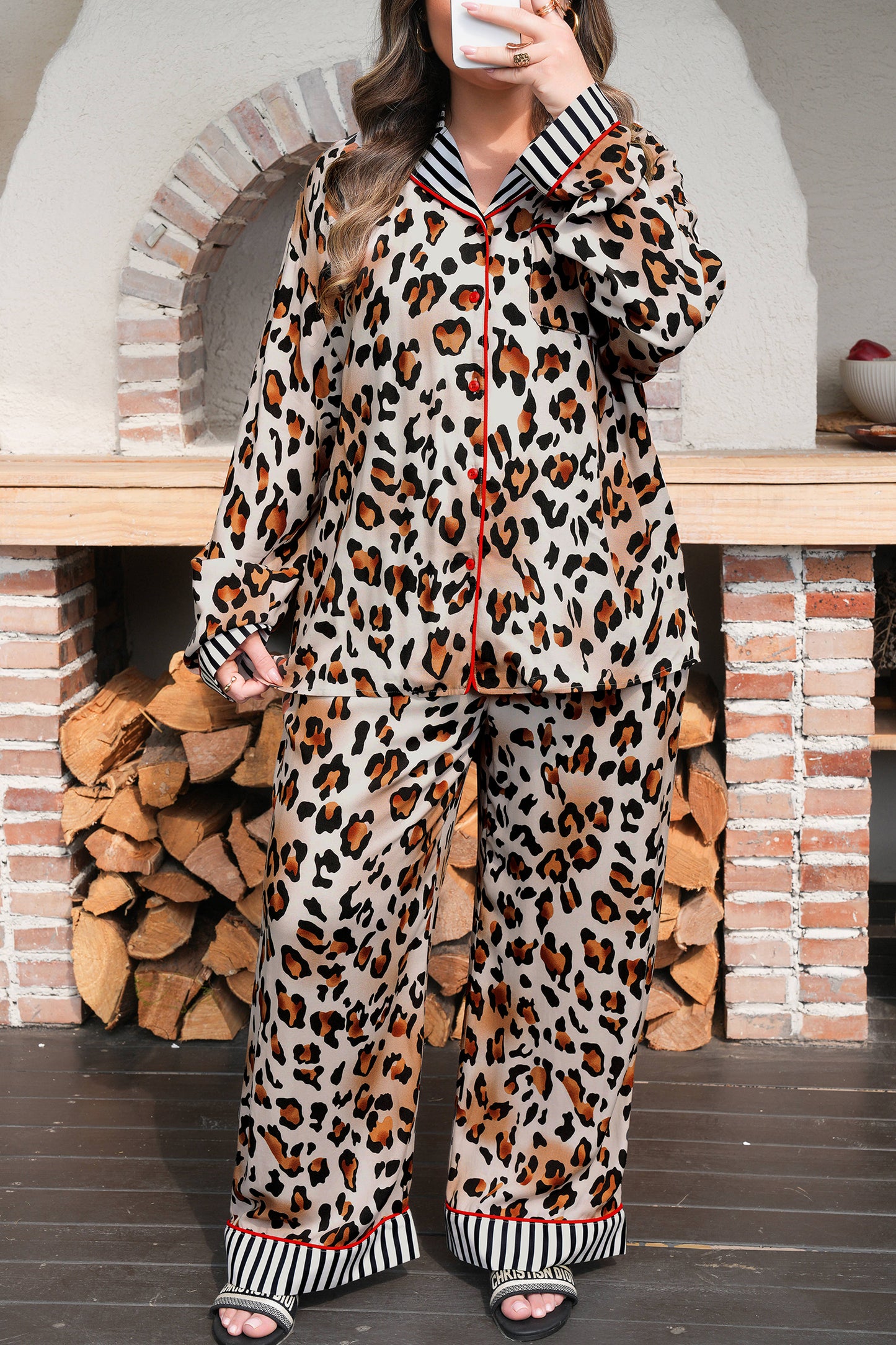 Khaki Plus Leopard Print Contrast Piping Striped Patchwork 2pcs Long Pajama Set-Plus Size/Plus Size Loungewear-[Adult]-[Female]-2022 Online Blue Zone Planet
