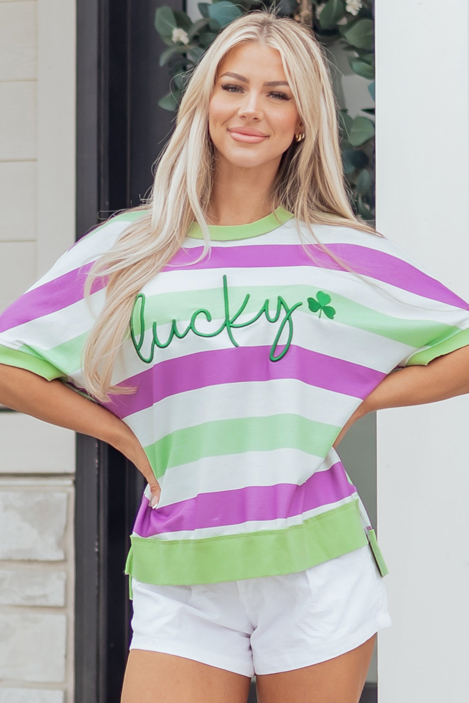 Green Stripe Lucky Clover Embroidered Graphic Dolman Loose Tee-Tops/Tops & Tees-[Adult]-[Female]-2022 Online Blue Zone Planet