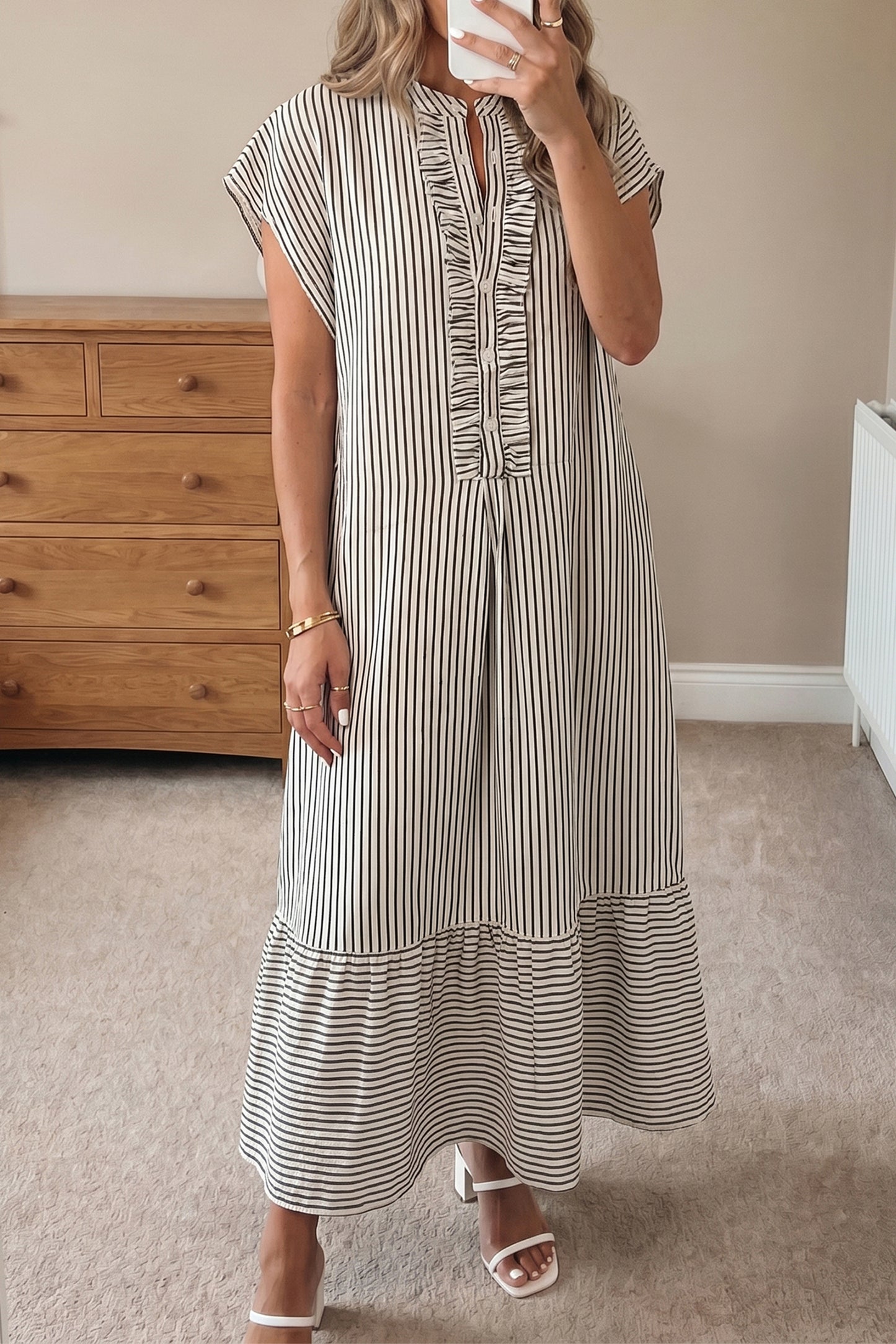 Red Stripe Frilled Detail Half Buttons Short Sleeve Long Dress-TOPS / DRESSES-[Adult]-[Female]-2022 Online Blue Zone Planet