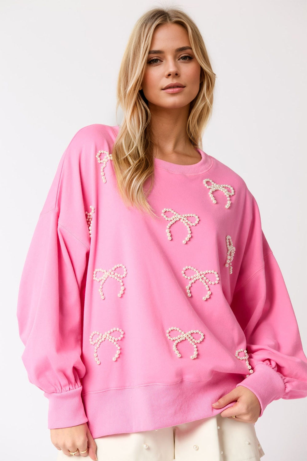 Pearl Bow Round Neck Dropped Shoulder Sweatshirt-TOPS / DRESSES-[Adult]-[Female]-Pink-S-2022 Online Blue Zone Planet