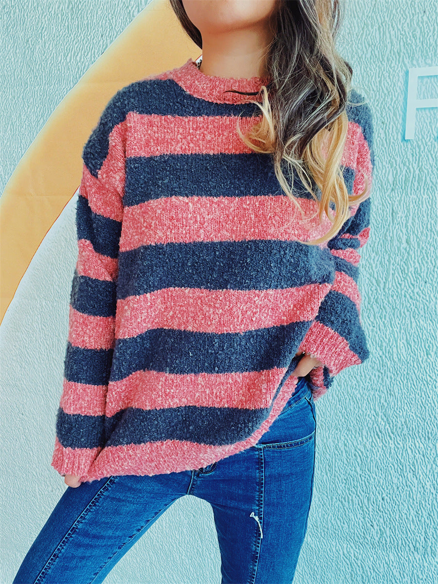 Blue Zone Planet | Striped Round Neck Long Sleeve Sweater-TOPS / DRESSES-[Adult]-[Female]-Burnt Coral-One Size-2022 Online Blue Zone Planet