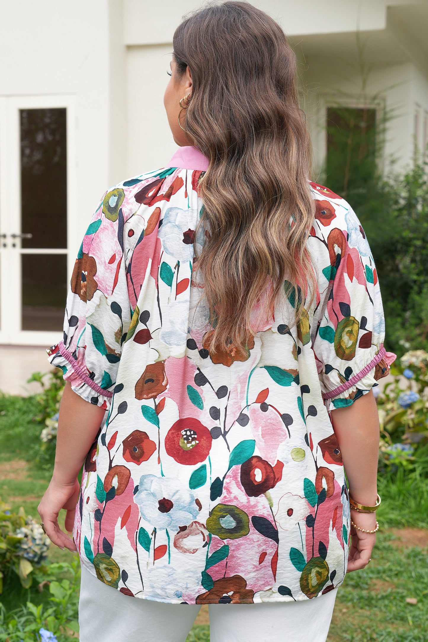 Pink V Neck Short Puff Sleeve Plus Size Floral Blouse-Plus Size/Plus Size Tops/Plus Size Blouses & Shirts-[Adult]-[Female]-2022 Online Blue Zone Planet
