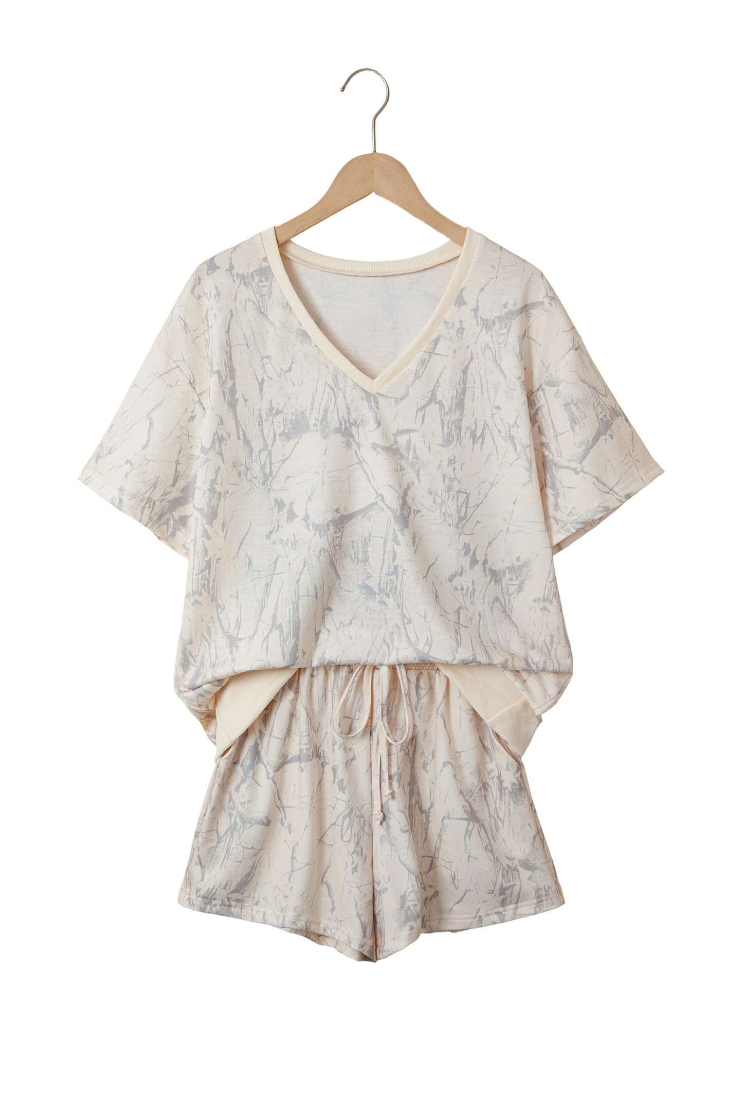 Khaki Abstract Print V Neck Loose Tee Drawstring Shorts 2pcs Outfit-Two Piece Sets/Short Sets-[Adult]-[Female]-2022 Online Blue Zone Planet