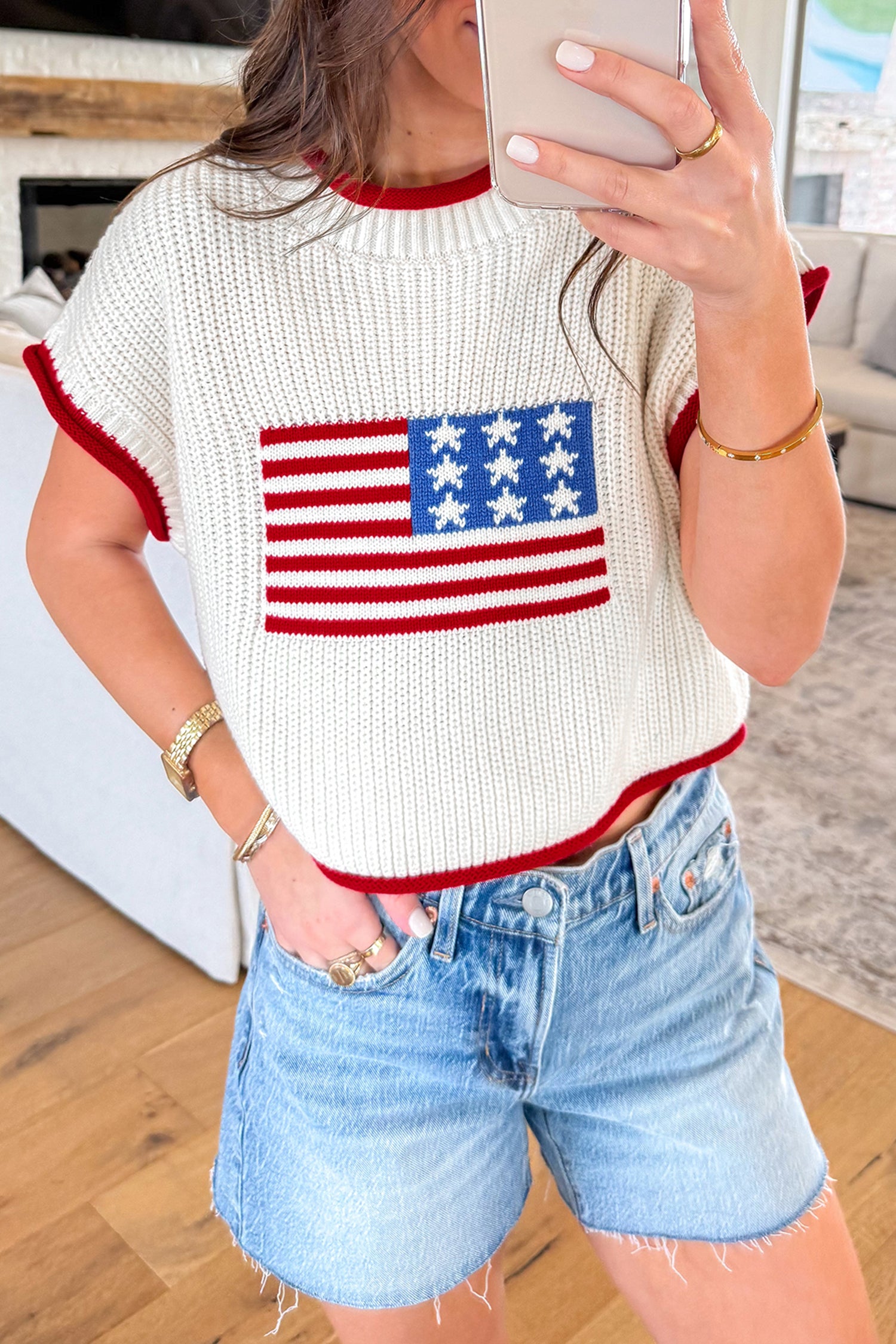 White Flag Print Cropped Short Sleeve Sweater-Sweaters & Cardigans/Short Sleeve Sweaters-[Adult]-[Female]-White-S-2022 Online Blue Zone Planet