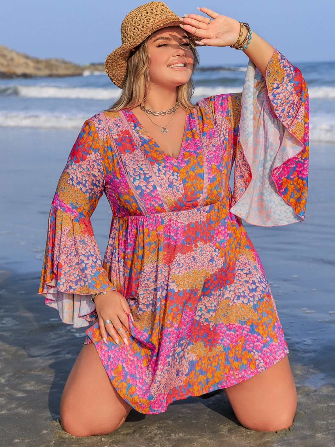 Blue Zone Planet | Plus Size Ruched Printed Long Sleeve Dress-TOPS / DRESSES-[Adult]-[Female]-Scarlet-0XL-2022 Online Blue Zone Planet