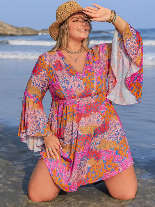 Blue Zone Planet | Plus Size Ruched Printed Long Sleeve Dress-TOPS / DRESSES-[Adult]-[Female]-Scarlet-0XL-2022 Online Blue Zone Planet