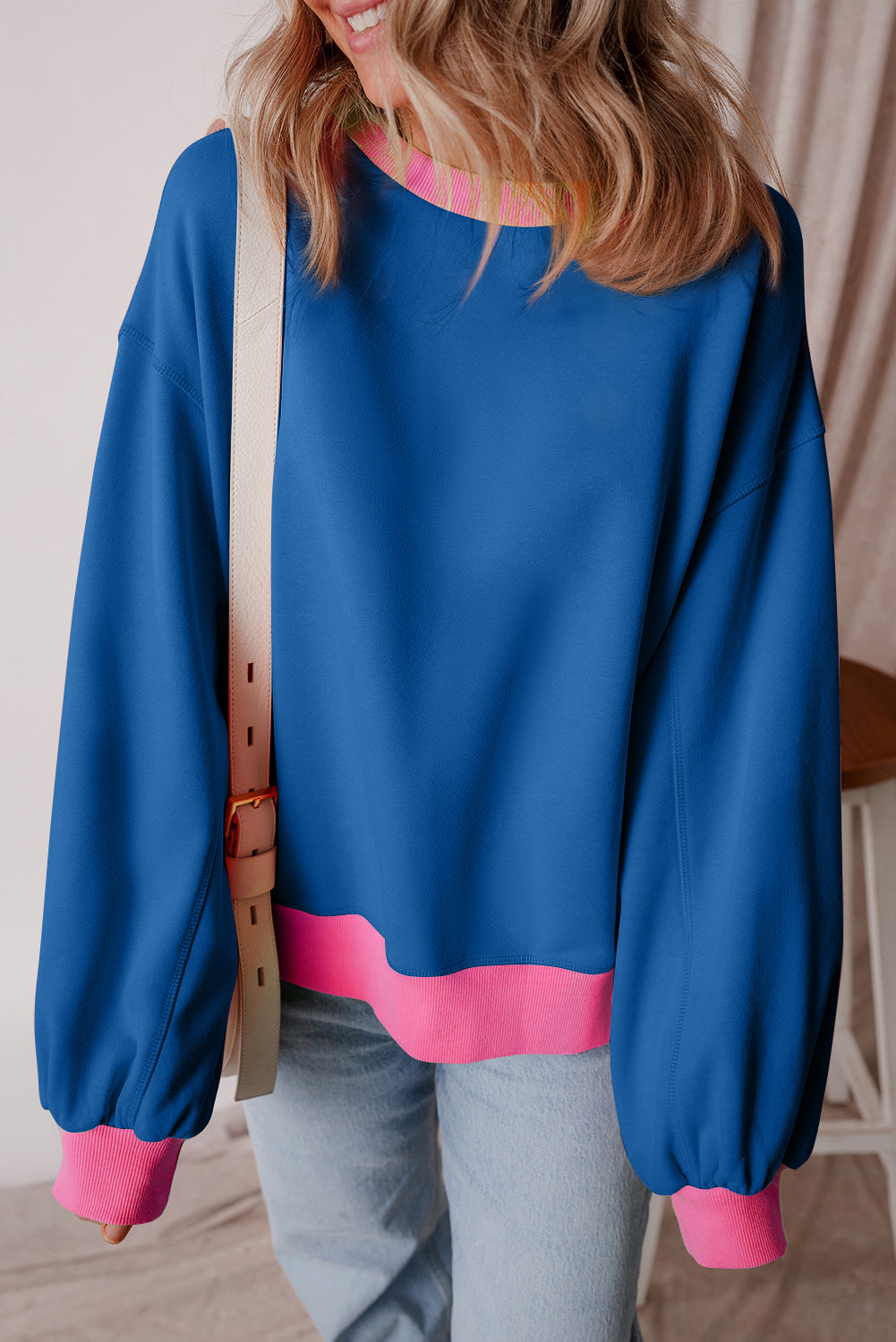 Blue Colorblock Bubble Sleeve Sweatshirt-Tops/Sweatshirts & Hoodies-[Adult]-[Female]-2022 Online Blue Zone Planet