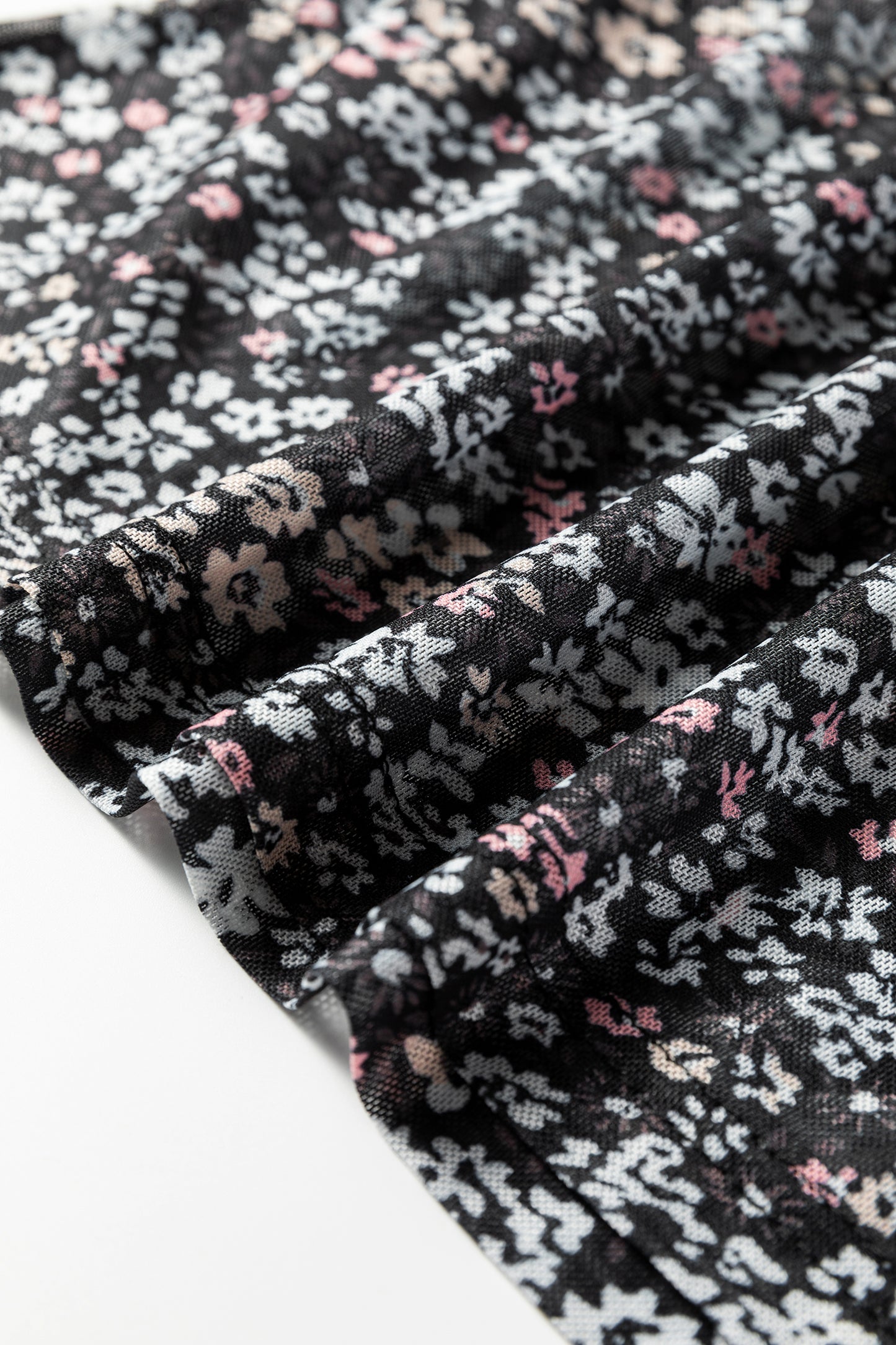 Black Ditsy Floral Mesh Thumbhole Sleeve Slim Fit Top-Tops/Long Sleeve Tops-[Adult]-[Female]-2022 Online Blue Zone Planet