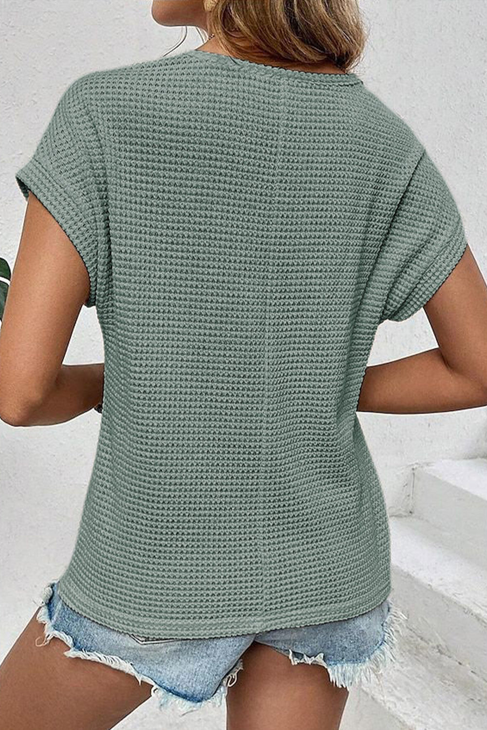 Mist Green Lace Patchwork Waffle Short Sleeve Top-Tops/Tops & Tees-[Adult]-[Female]-2022 Online Blue Zone Planet