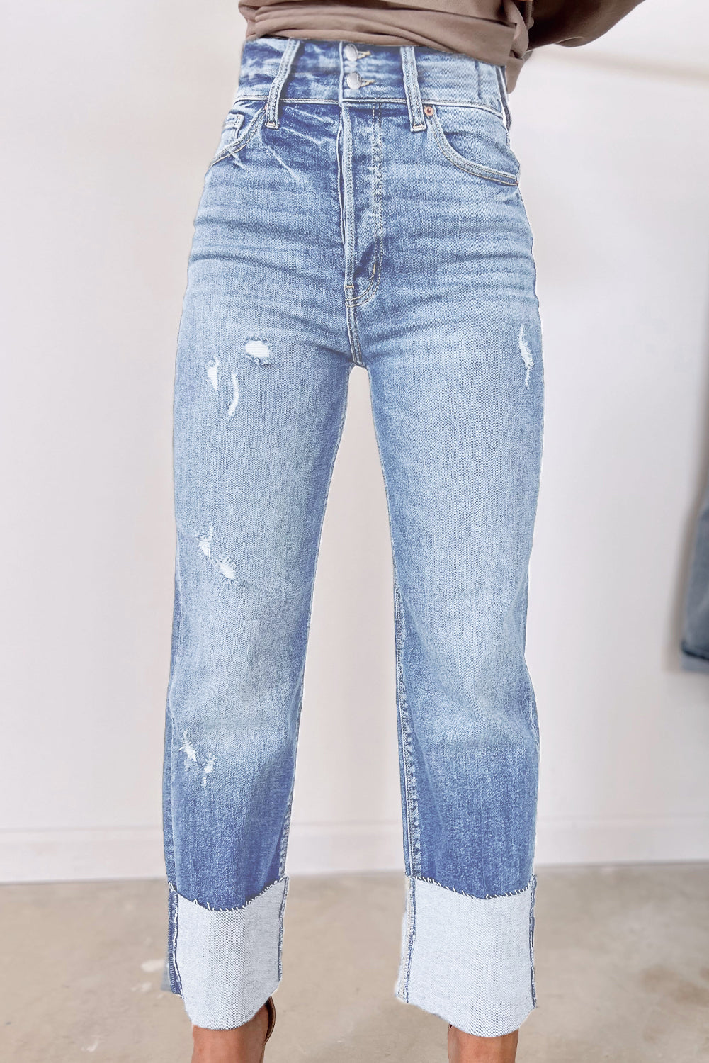 Sky Blue High Waist Distressed Straight Leg Jeans-Bottoms/Jeans-[Adult]-[Female]-2022 Online Blue Zone Planet