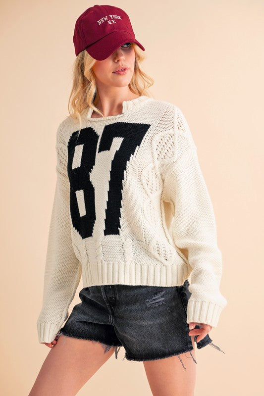 Aemi+Co Contrast Number Cable Knit Drop Shoulder Sweater-TOPS / DRESSES-[Adult]-[Female]-2022 Online Blue Zone Planet