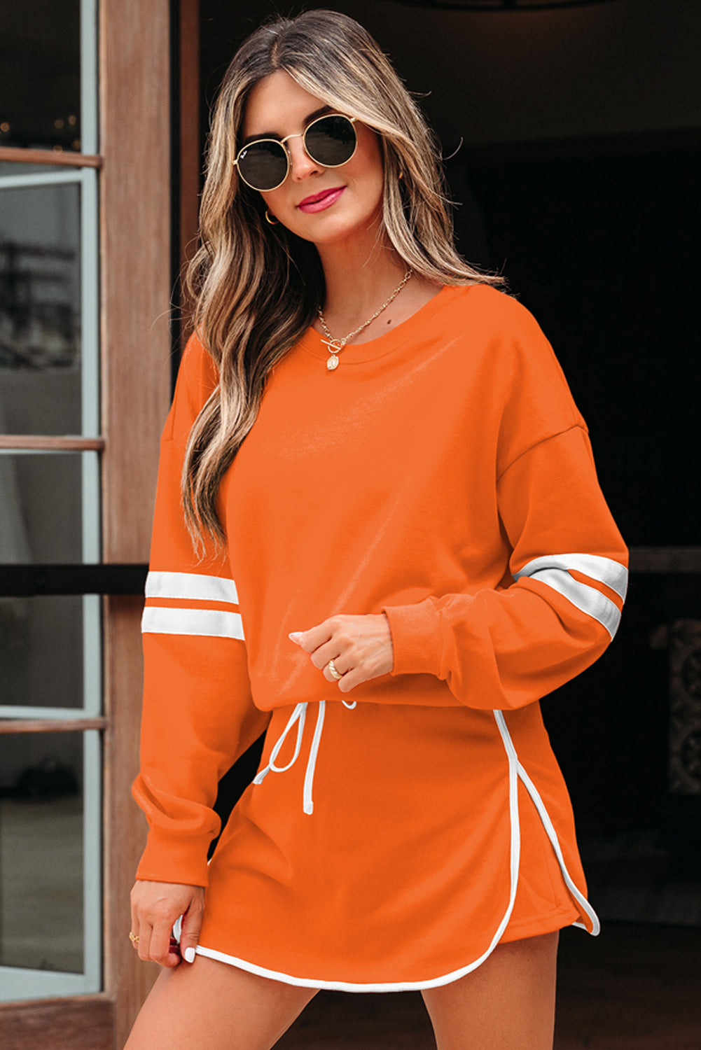 Orange Varsity Stripe Detail Drop Shoulder Pullover Mini Skirt Set-Two Piece Sets/Two Piece Dresses-[Adult]-[Female]-2022 Online Blue Zone Planet