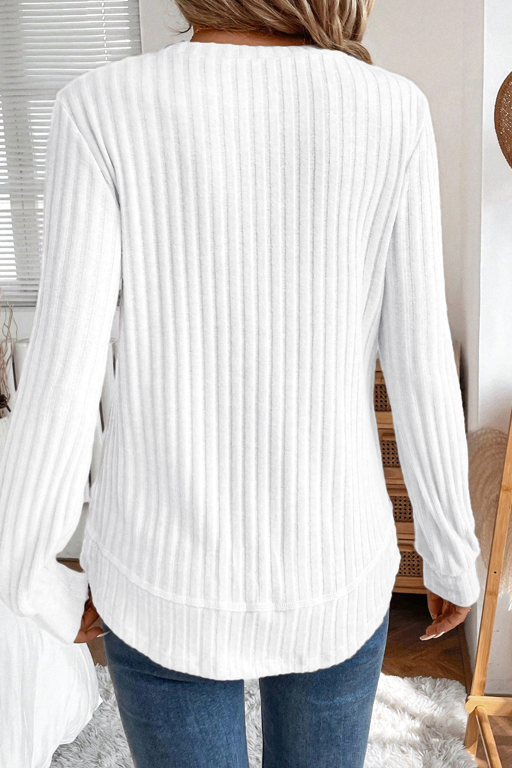 White Ribbed Texture Round Neck Long Sleeve Rounded Hem Knit Top-Tops/Long Sleeve Tops-[Adult]-[Female]-2022 Online Blue Zone Planet