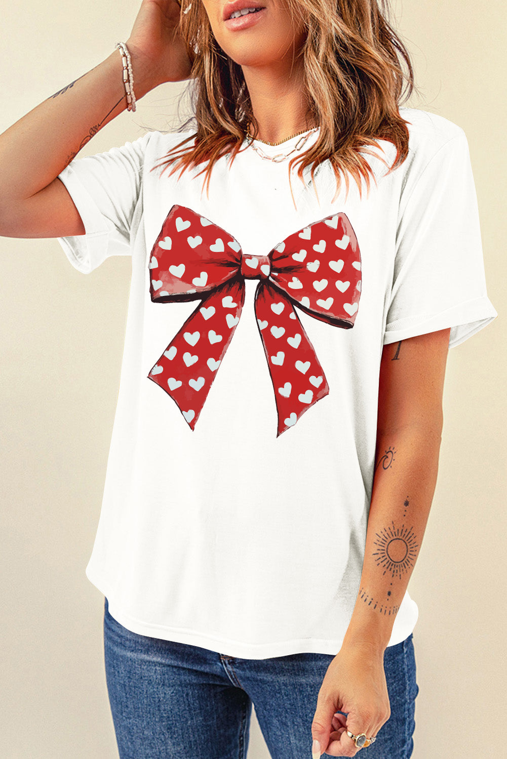 White Heart Bow Printed Crewneck Valentines T Shirt-Graphic Tees-[Adult]-[Female]-2022 Online Blue Zone Planet