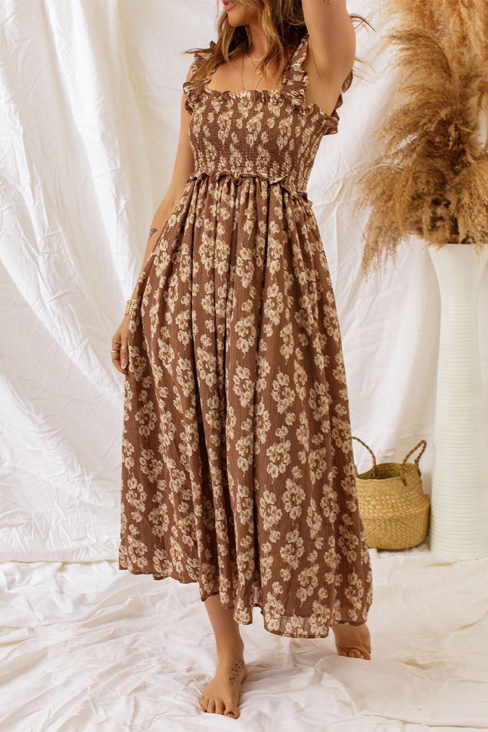 Blue Zone Planet | Brown Ruffled Straps Smocked Floral Maxi Dress-TOPS / DRESSES-[Adult]-[Female]-2022 Online Blue Zone Planet