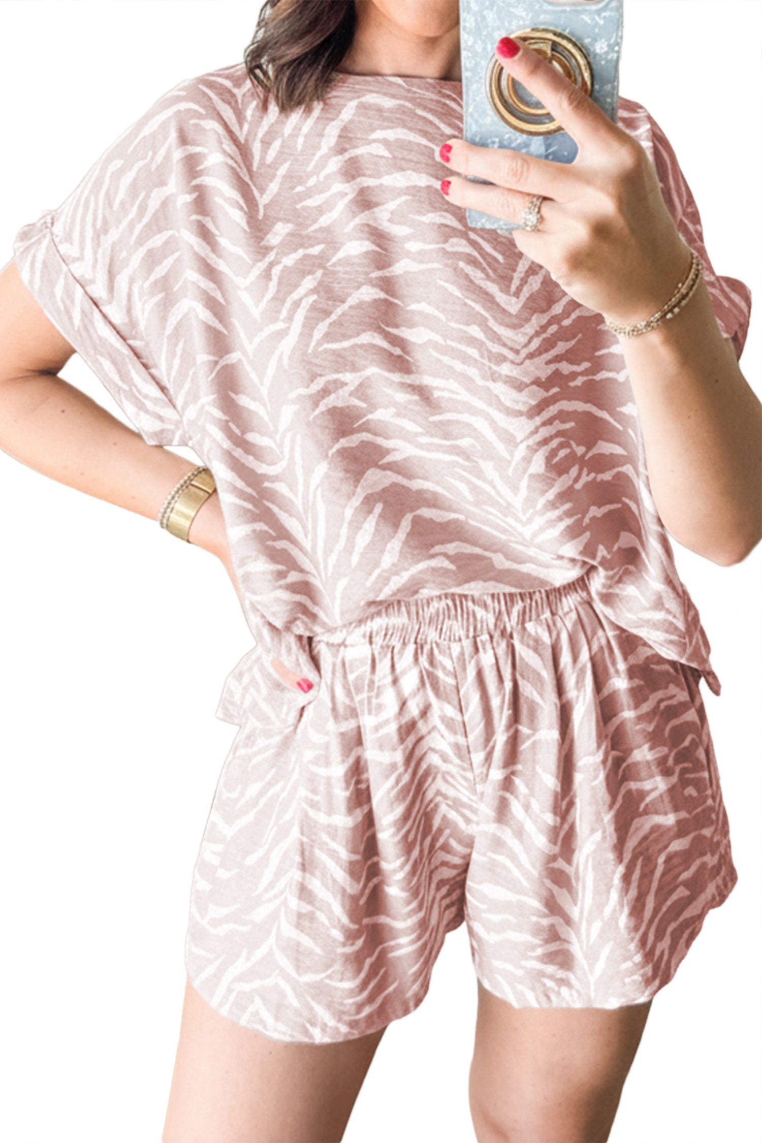 Khaki Abstract Print Cuffed Short Sleeve Loose Top Short Set-Two Piece Sets/Short Sets-[Adult]-[Female]-2022 Online Blue Zone Planet